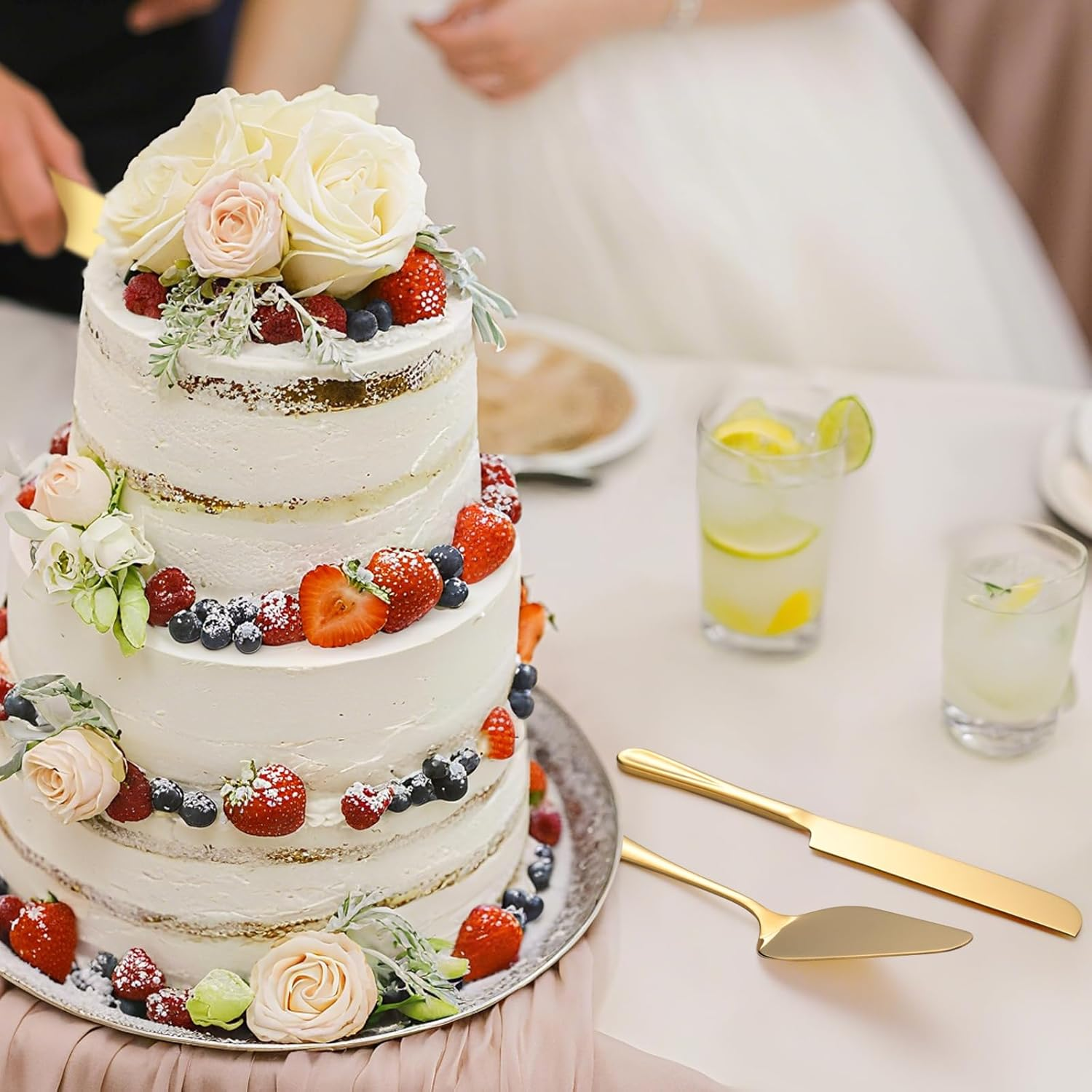 ERVILO Cake Cutting Set for Wedding, Pie Server, Stainless Steel Wedding Cake Knife and Server Set, Golden Cake Cutter for Birthday, Parties and Events (Gold Serving Set) - Black Serving Set image number 2