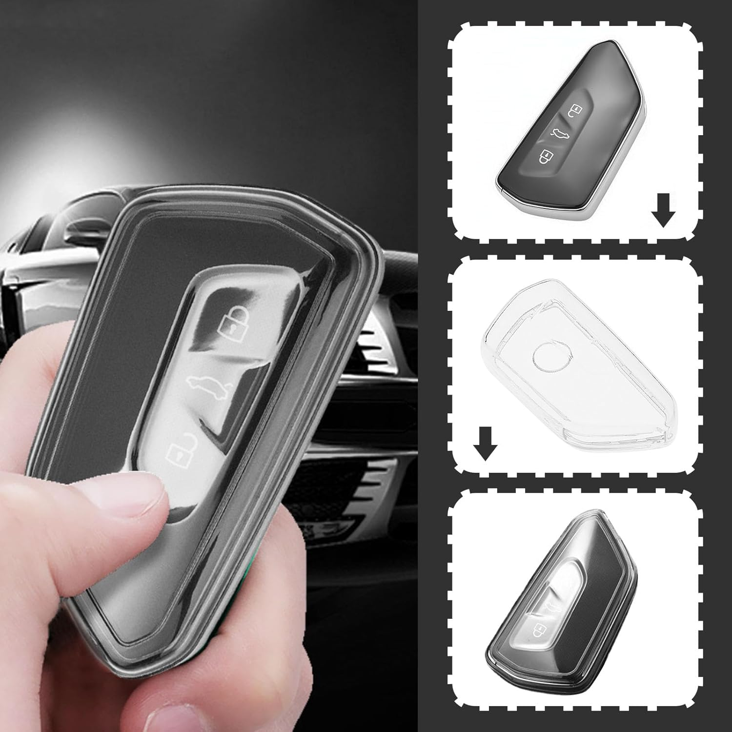 2PCS 3-Button Car Key Case Compatible with VW Golf 8 ID.3 ID.4, Seat Leon MK 4, Skoda Octavia 2020 - 78.8X39.9Mm TPU Cover Transparent - Transparent image number 6