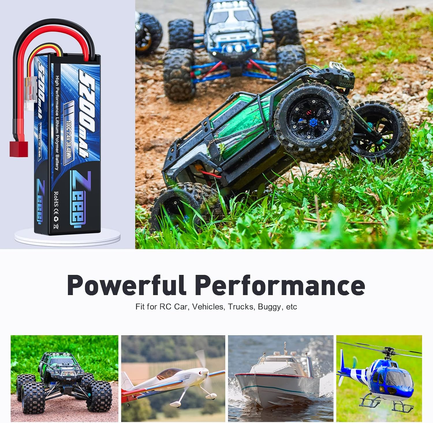 Zeee 2S Lipo Battery 7.4V 100C 5200Mah Hard Case with T Connector for 1/8 1/10 RC Vehicles Car Trucks Airplane Boats image number 4