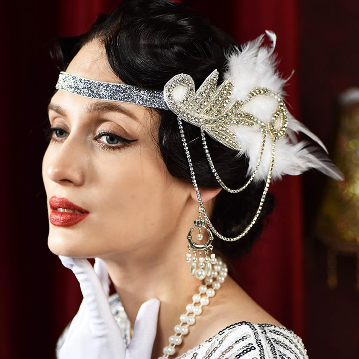 Aoozleny 1920S Feather Headwear, Musical Note Diamond Chain Headpiece, Roaring 20S Great Gatsby Headpiece Hair Accessories for Women (White) - Winered image number 3
