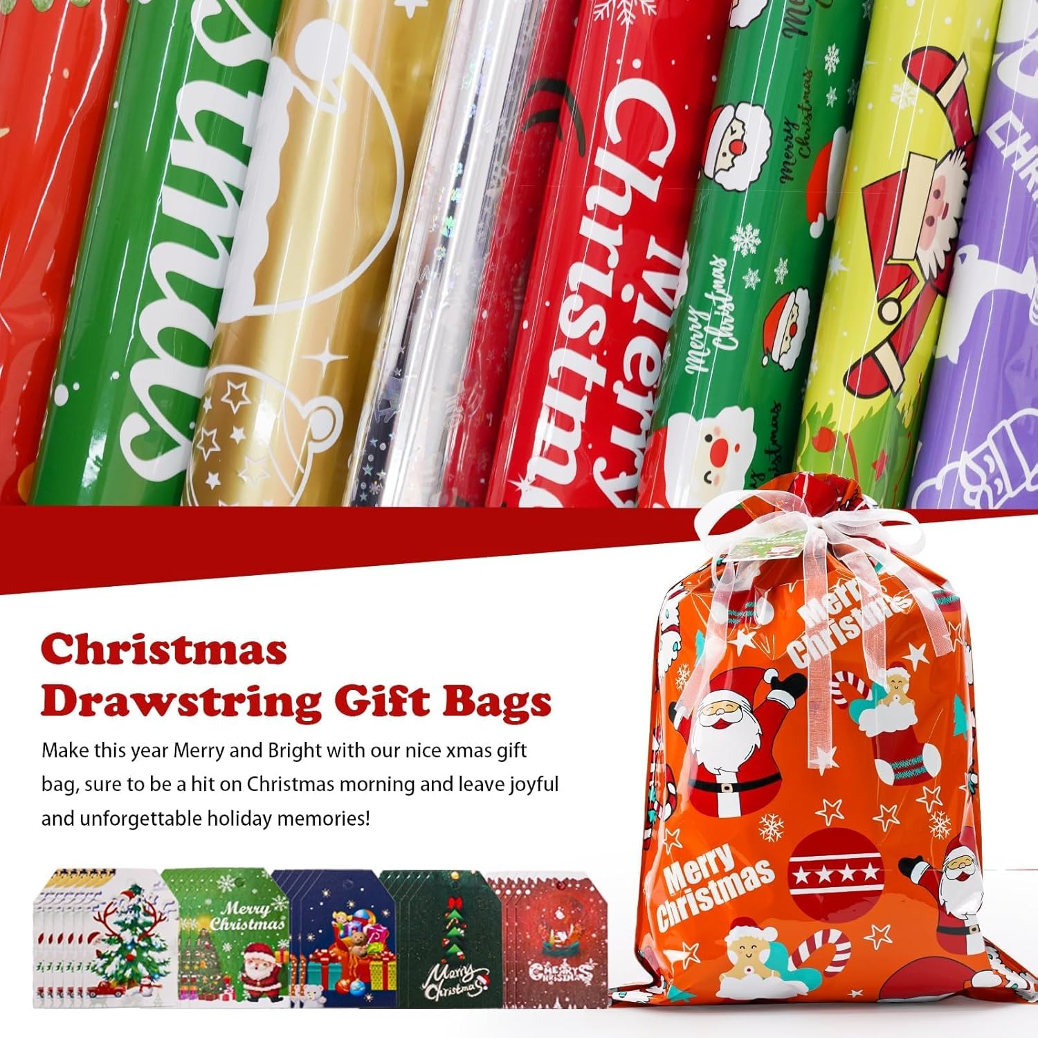 Christmas Drawstring Gift Bags 32Pcs, Xmas Treat Bags & Gift Tags Set, Assorted Sizes Large Medium Small, for Holiday Birthday Party Favors, Goody Bags, Gift Wrapping