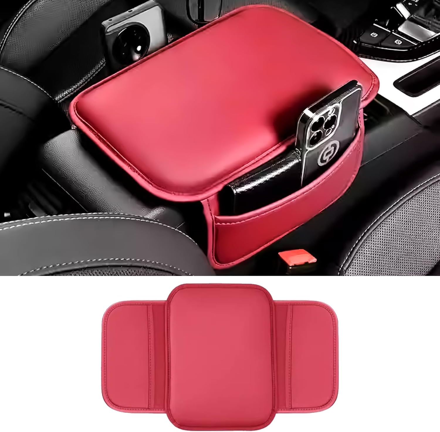 Car Center Console Cover, Leather Comfort Armrest Cover with 2 Storage Bag, Interior Car Accessories Universal Car Arm Rest Cover Pad for Car Decoration and Storage, Fit for Most Vehicle (Black)