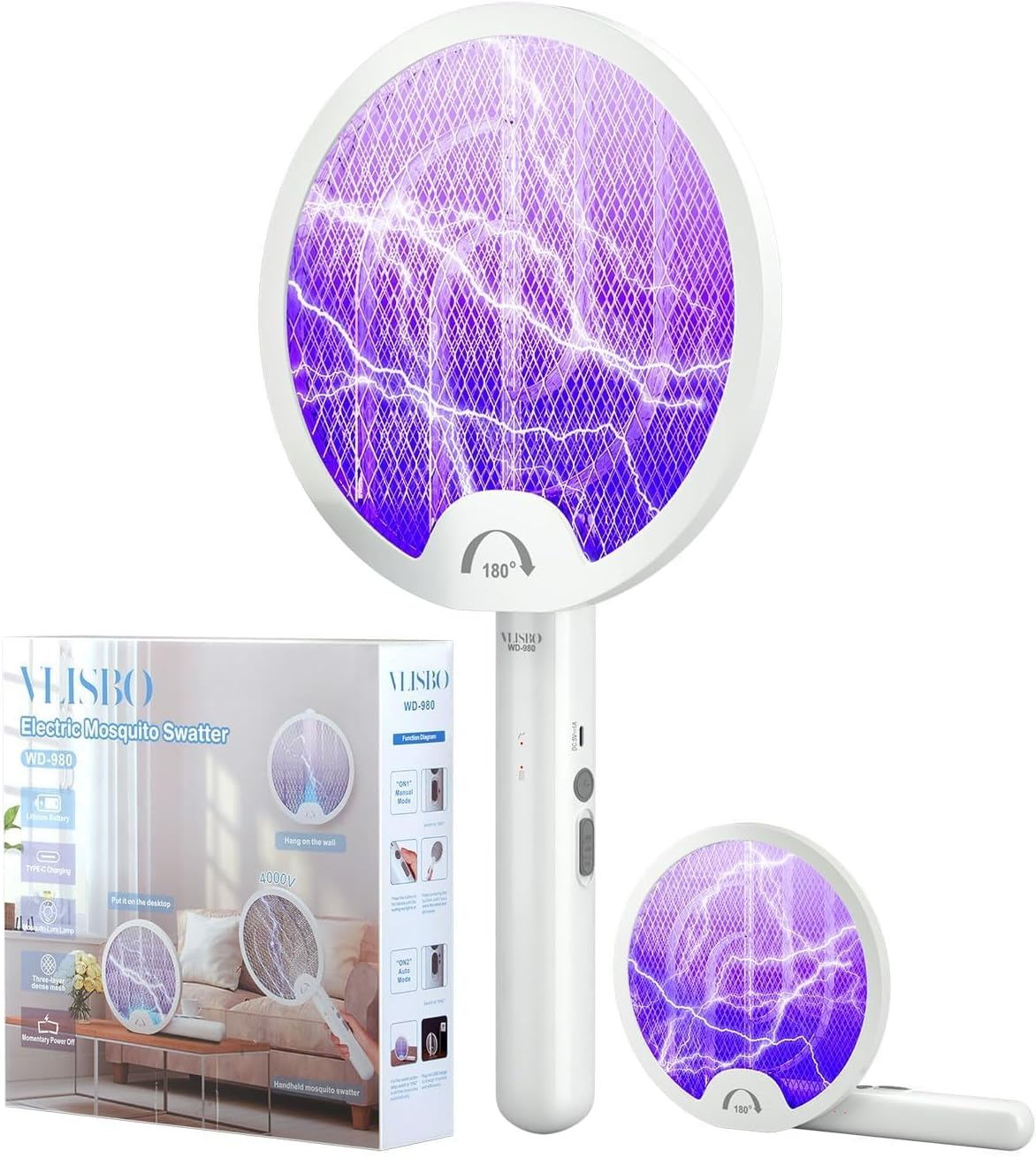 Electric Fly Swatter 3000V 2 in 1 Bug Zapper Racket Fly Killer Mosquitoes Trap Lamp Rechargeable with 1200Mah Battery for Indoor Home Office Backyard Patio Camping (1 Pack)-White image number 5