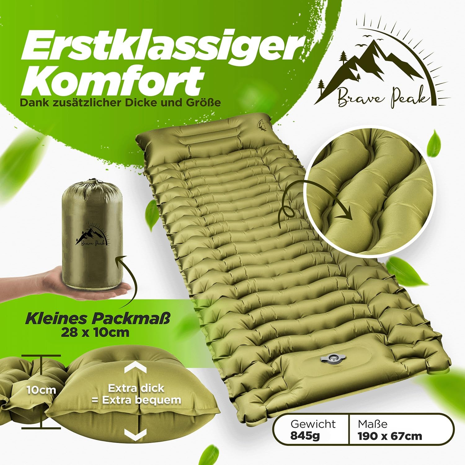 Brave Peak Self-Inflating Sleeping Mat 10 Cm with Cushion - Warm, Lightweight & Compact - for Outdoor, Trekking & Hiking image number 3