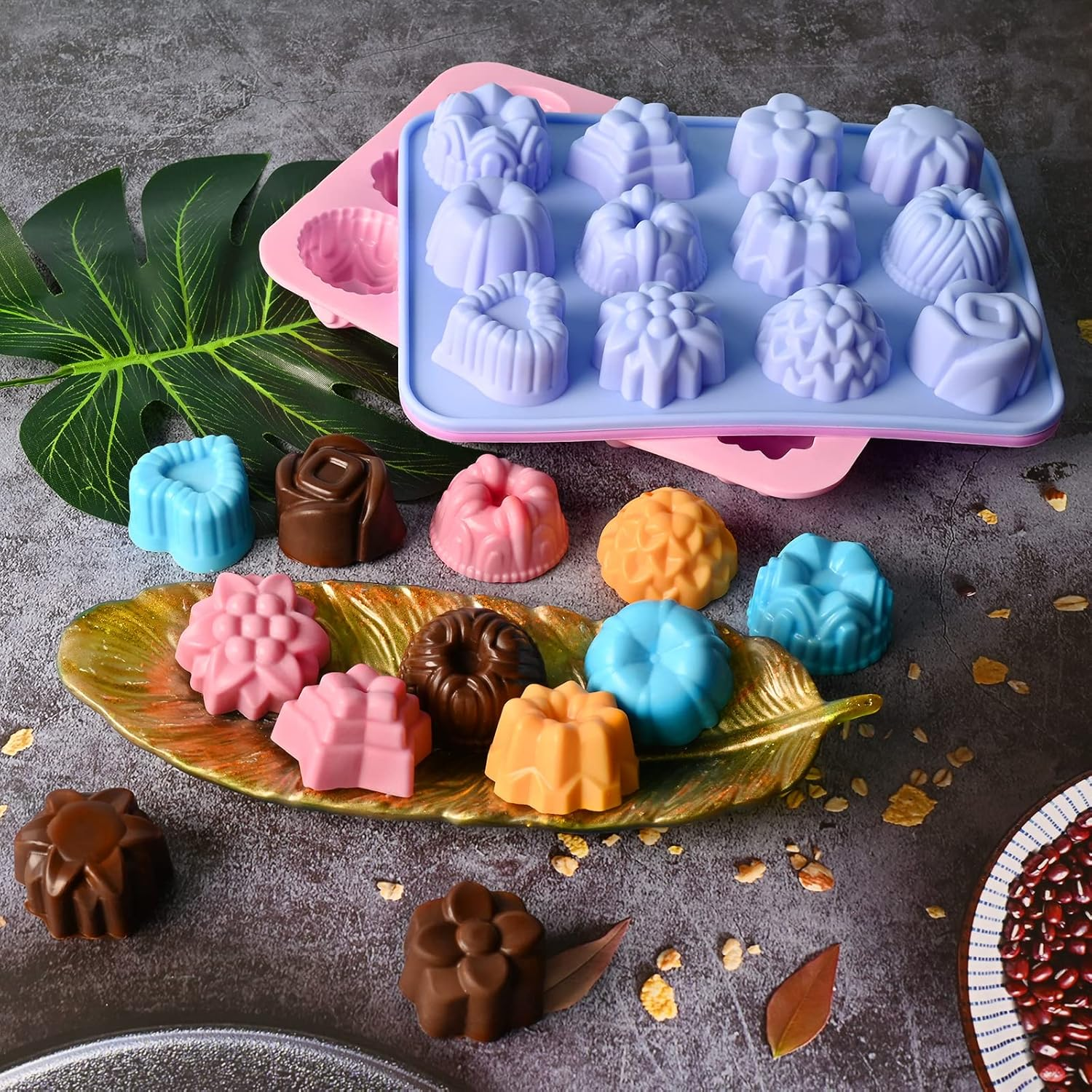 Sakolla 3 Pack Flower Molds Silicone, 12 Cavities Different Shapes Silicone Molds for Chocolate, Cupcake, Candy, Jelly, Ice Cube, Muffin (Pink, Purple, Blue) image number 2