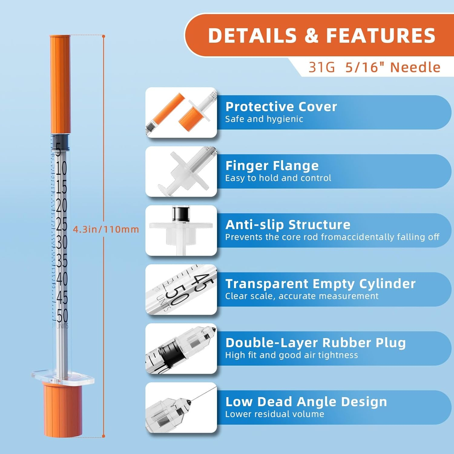 0.5Ml/Cc Syringes with 31G 5/16 Inch(8Mm) Needles,Lab Measuring Supplies,Disposable Individually Wrapped,Box of 20