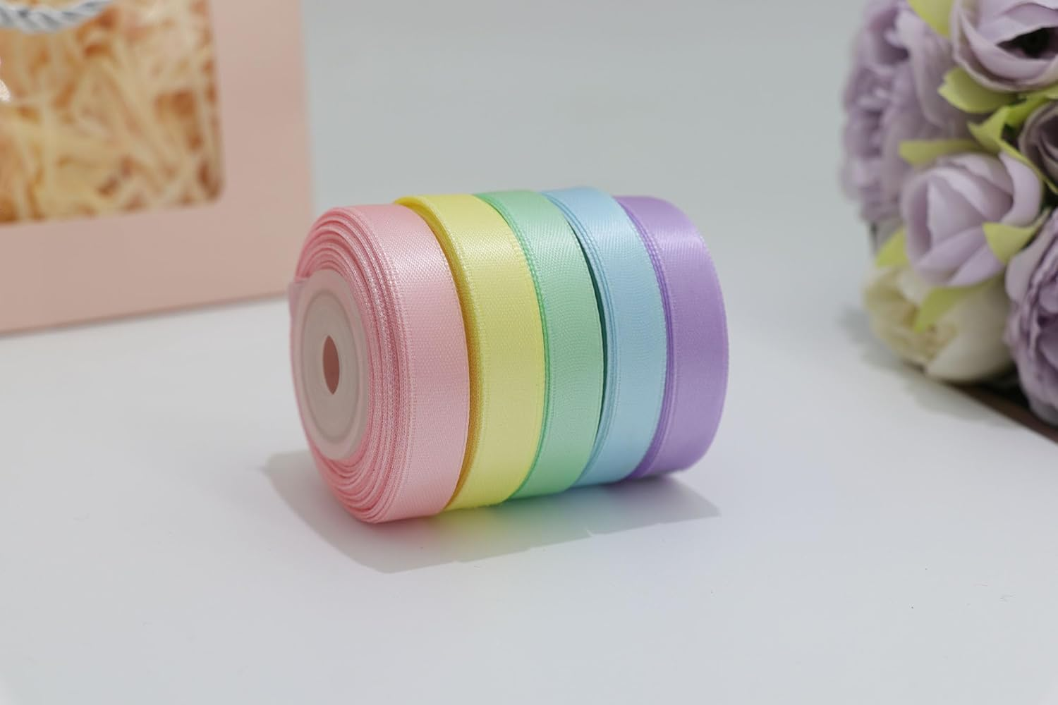 Satin Ribbon 3/8 Inch, Pastel Color Double Faced Ribbon for Gift Wrapping, Flower Bouquet, Wedding Party Decoration, Hair Bows, DIY Crafts - 8 Yards/Roll, Total 40Yds