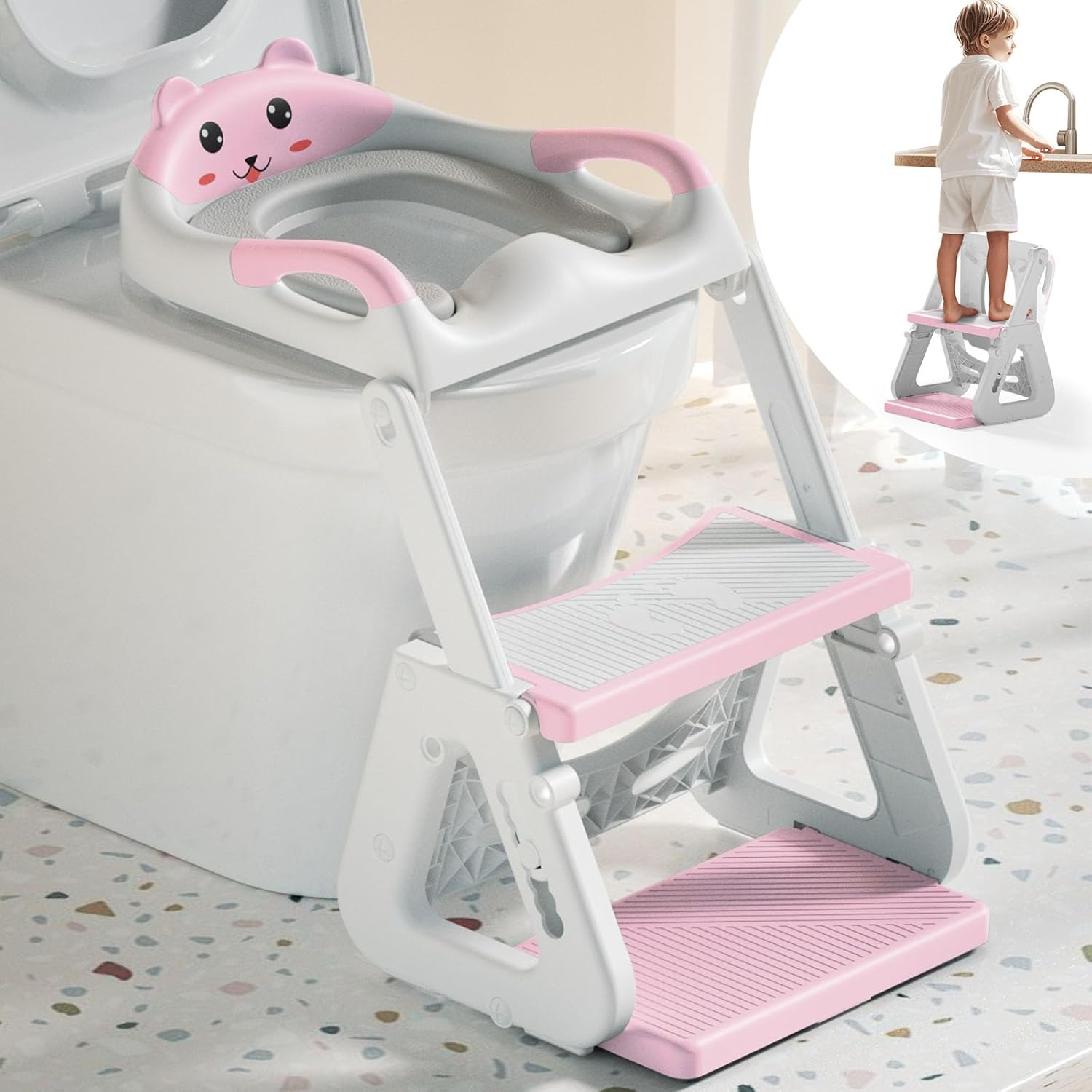 Kakeyrun Potty Training Toilet Seat, Upgrade Toddler Toilet Seat for Boys and Girls, 2-In-1 Potty Training Toilet with Step Stool Ladder Soft Cushioned Seat Splash Guard (Pink) image number 1