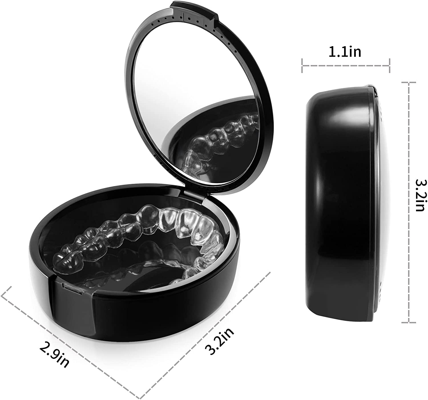 Orthodontic Retainer Case with Mirror, Mouthguard Case Small Retaniner Container Partial Denture Holder Case with Vent Holes for Night Guards, Aligner Trays - Black image number 3