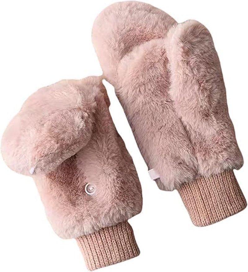 Women Winter Faux Fur Flip Cover Mittens Warm Soft Half Finger Fingerless Gloves(Pink) image number 2