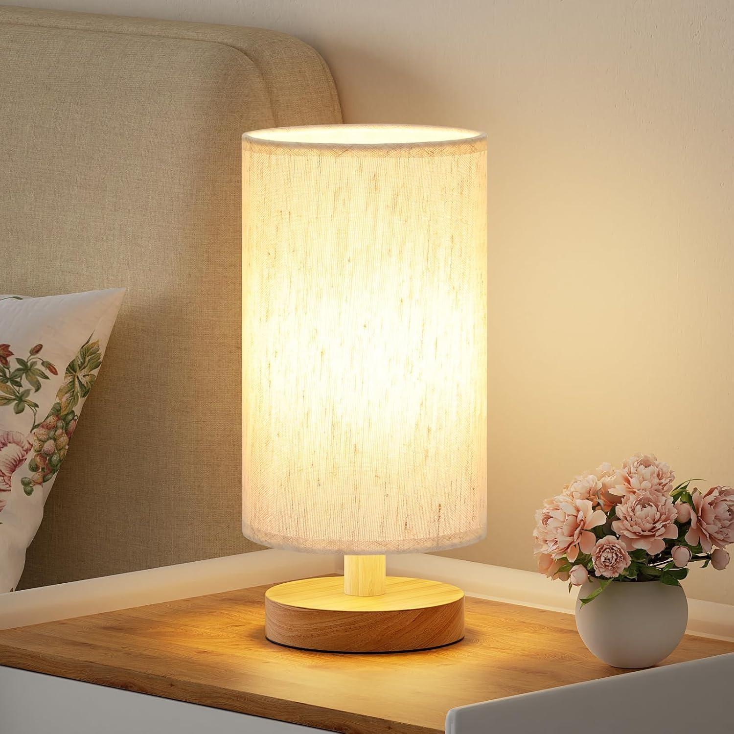 Small Table Lamp for Bedroom - Inline Control, Bedside Lamp with 3000K A15 LED Blub, Easy Assembly (Cream Shade - Wood Base, 9" Inline Control) image number 5