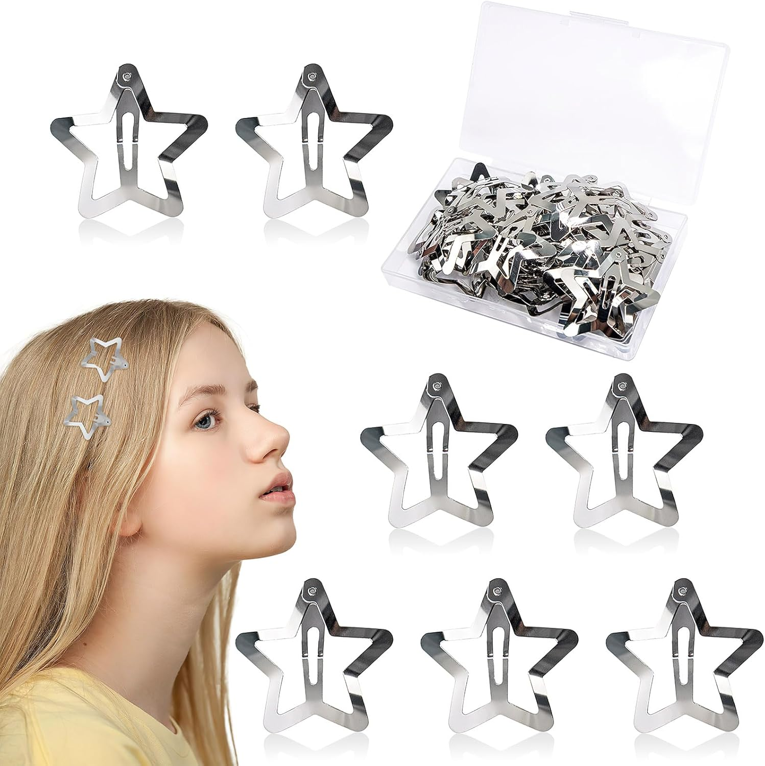 60 Pcs 1.6 Inches Star Hair Clips Snap Hair Barrettes Non Slip Cute Y2K Accessories Silver Metal Hair Clips for Girl Women image number 3