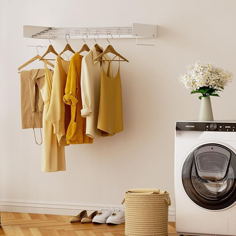 DAIYEE 39.4" Wide Laundry Drying Rack Collapsible, 13.1 Linear Ft, 5 Stainless Steel Rods, 45 Lb Capacity, Wall Mounted Clothes Drying Rack,100Cm with Towel Rack,White image number 6