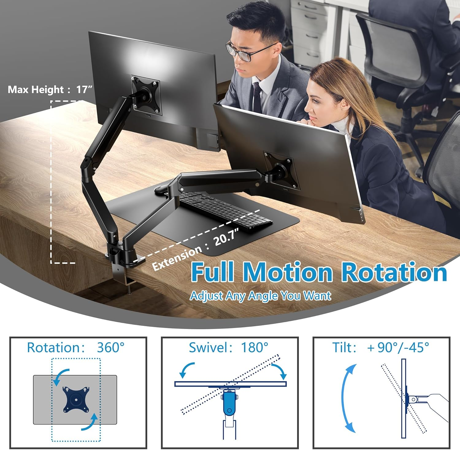 FORGING MOUNT Dual Monitor Desk Mount, Full Motion Dual Monitor Arm Gas Spring for 13"- 32" Computer Monitorfrom 2Kg to 9Kg image number 3