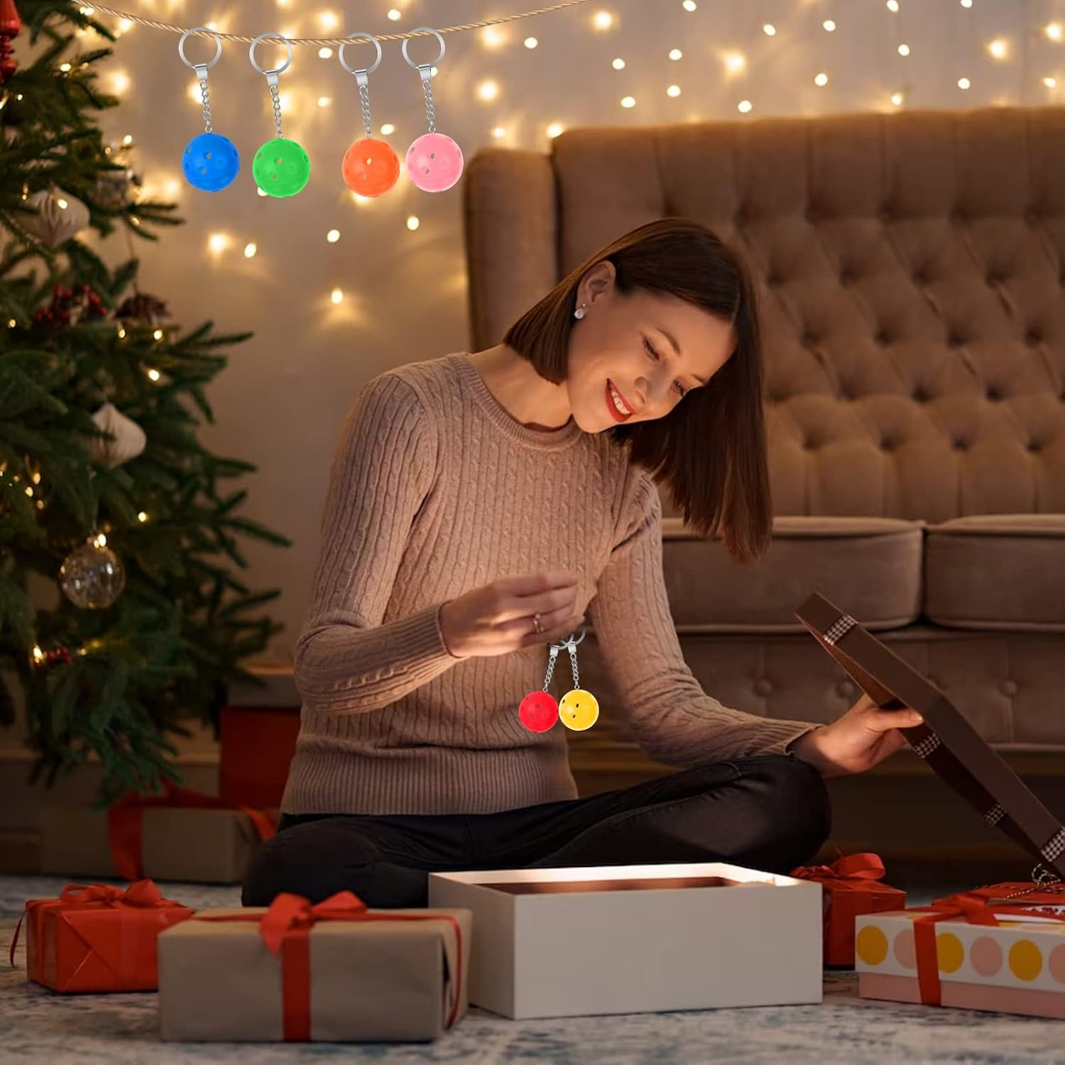 DLUGOPIS 6Pcs Gifts for Pickleball Lovers Pickleball Ornament Pickleball Keychain Pickleball Keychains Bulk Mini Pickleball Keychain for Keychains Luggage Tags Sports Bag, One Red, Yellow, Blue, Green Orange and Pink Each, 4.72 Inches image number 2