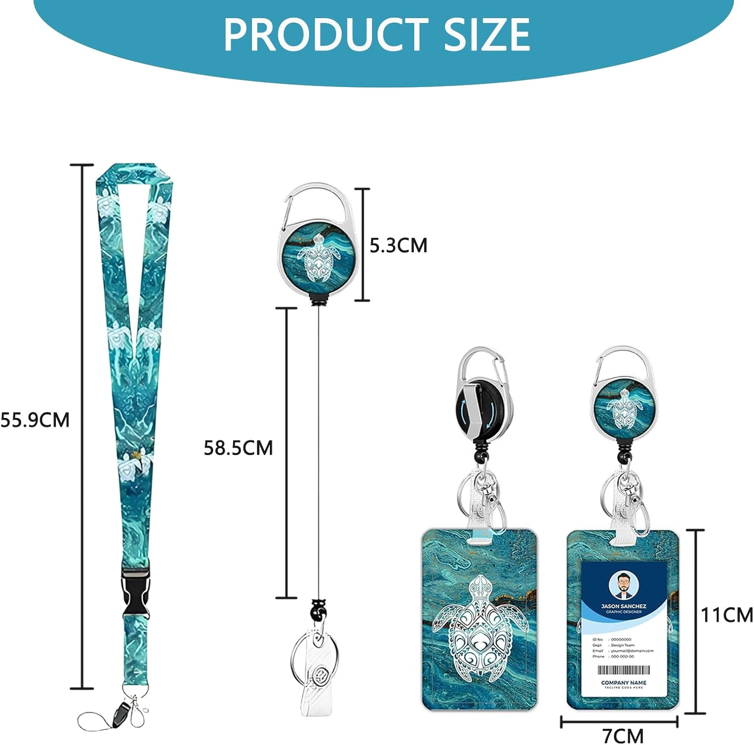 Checkzed Sea Turtle Lanyards for Office ID Badges, Creative Badge Reel Retractable and Detachable Name Tag Clip, Retractable 24" UHMWPE Fiber Pull Cords, Suitable for Staff and Students (Green) image number 4