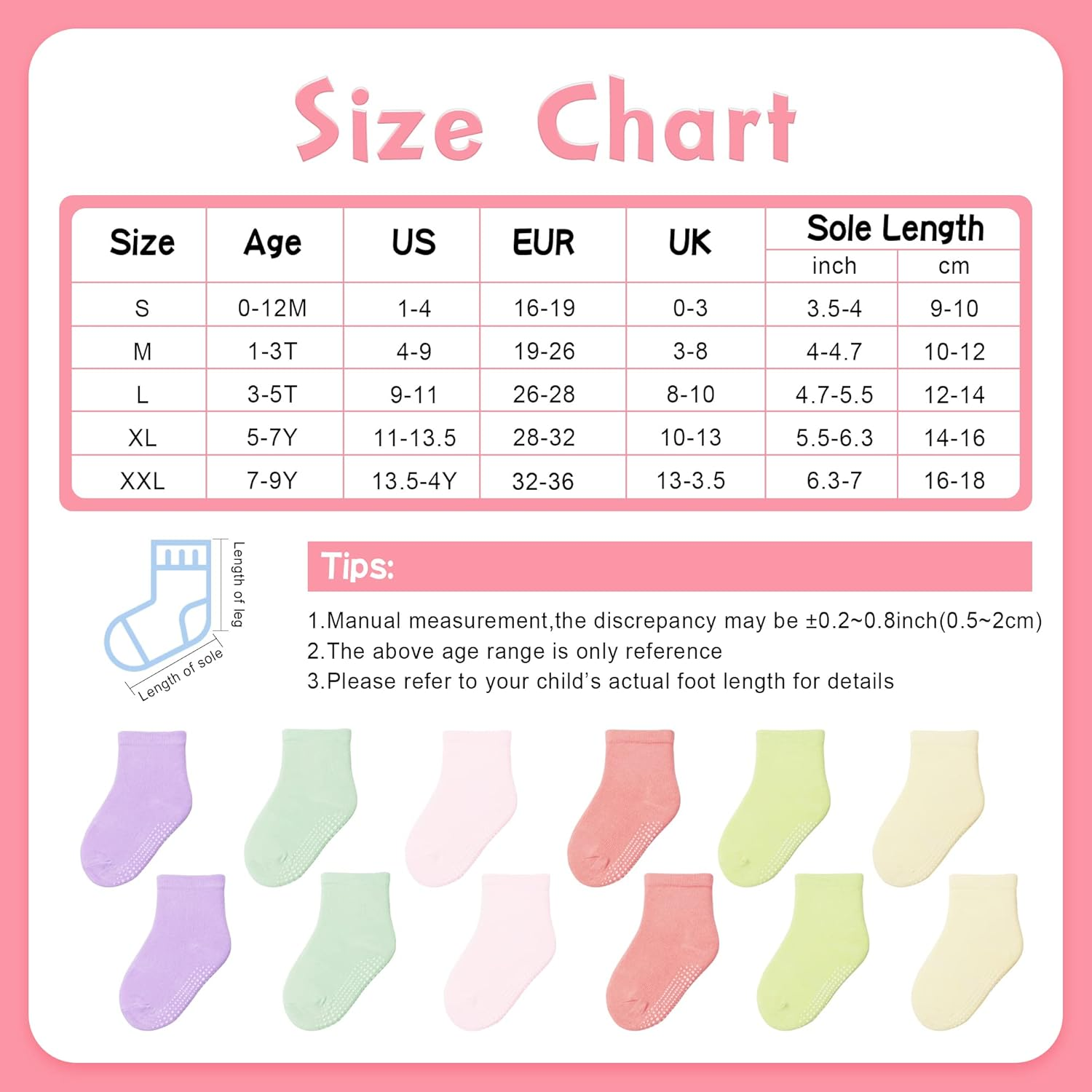 Hyzgb 12 Pack Non Slip Kids Toddler Baby Socks with Grips for 1-7 Years Boys Girls Cotton Crew Socks Multi Colors image number 5