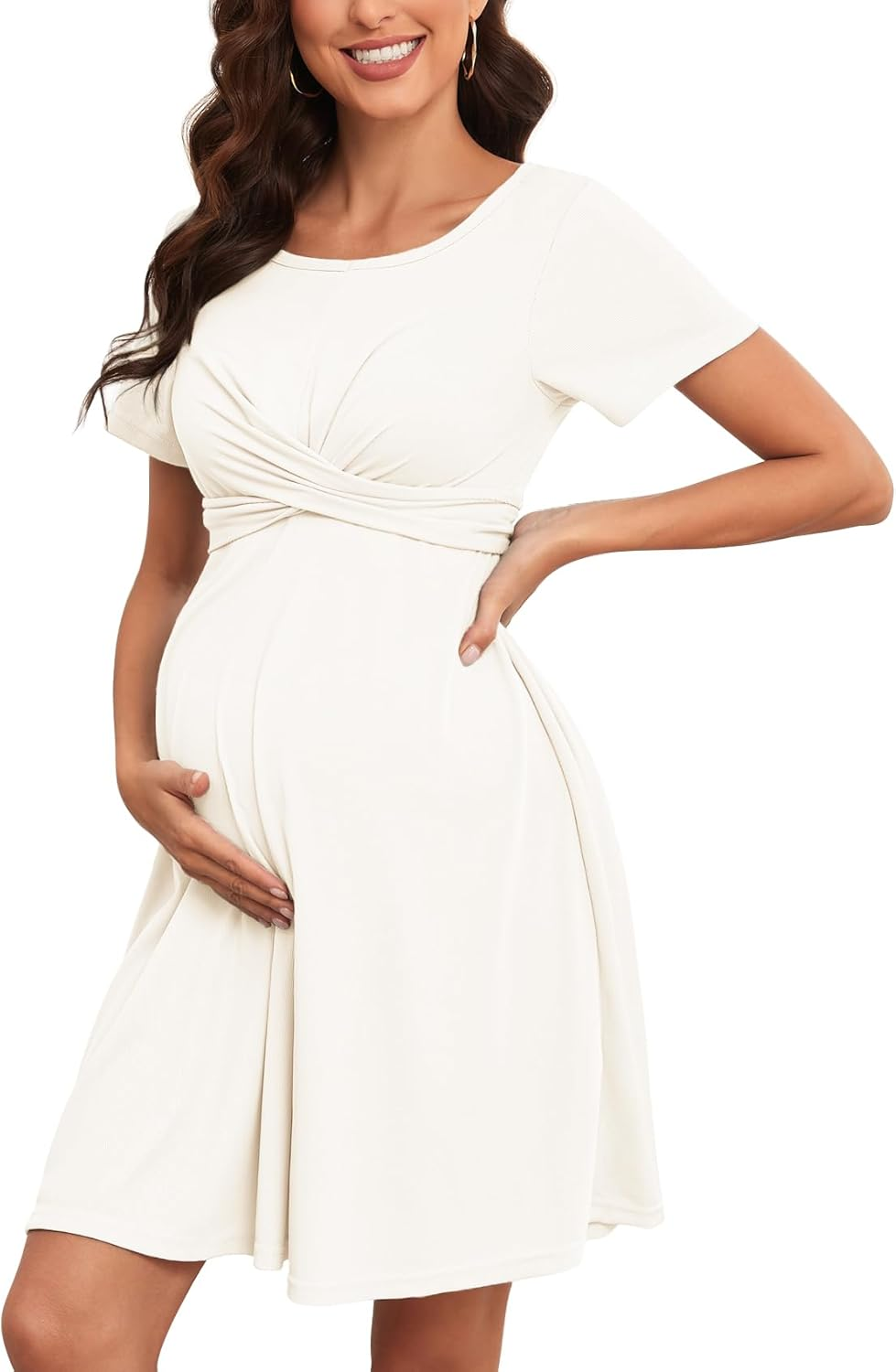 2024 Summer Maternity Dress Criss Cross Self Tie Short Sleeves A-Line Mini Baby Shower Casual Pregnancy