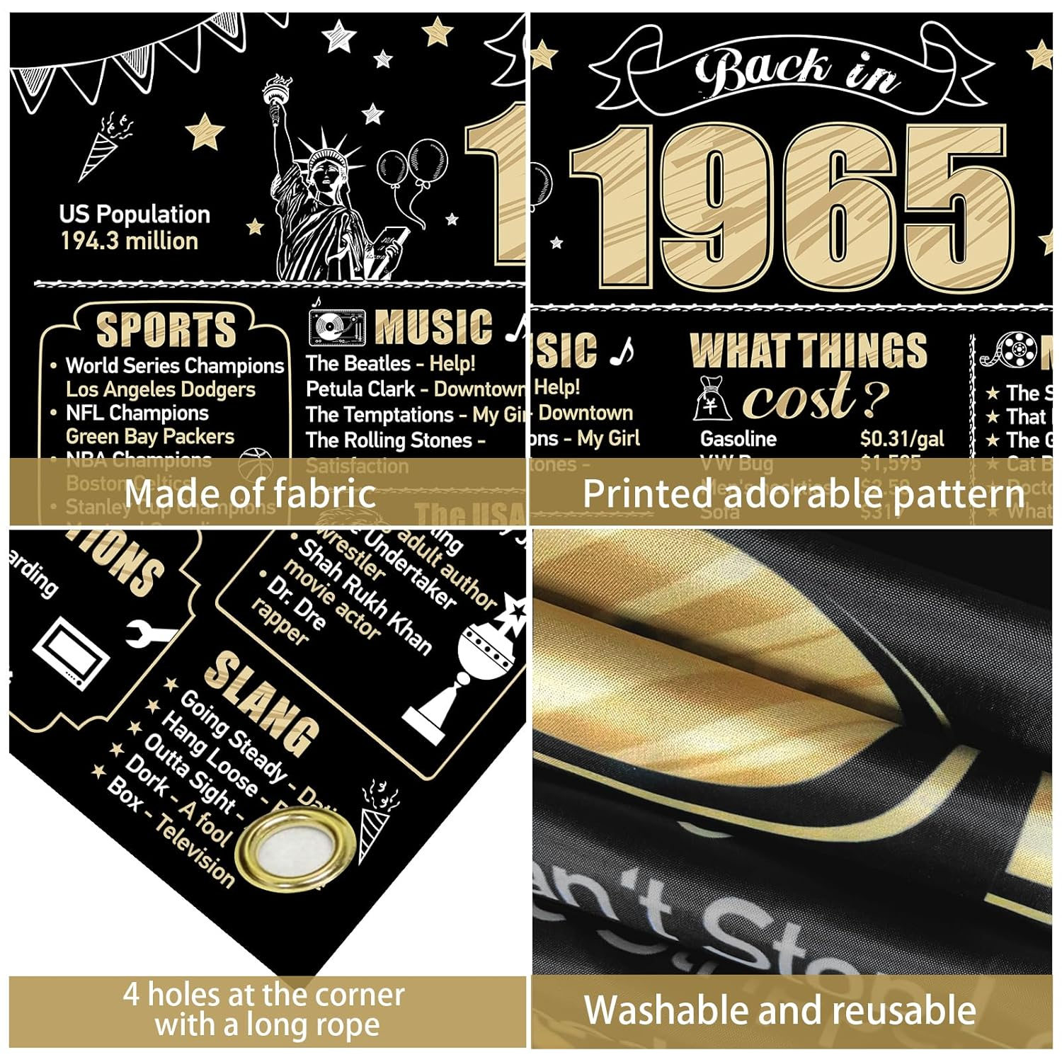 60Th Birthday Decorations Back in 1965 Banner Backdrop for Men Women, Happy 60 Birthday Sign Poster Party Supplies, Black Gold Sixty Bday Photo Background Party Decor for Outdoor Indoor image number 3