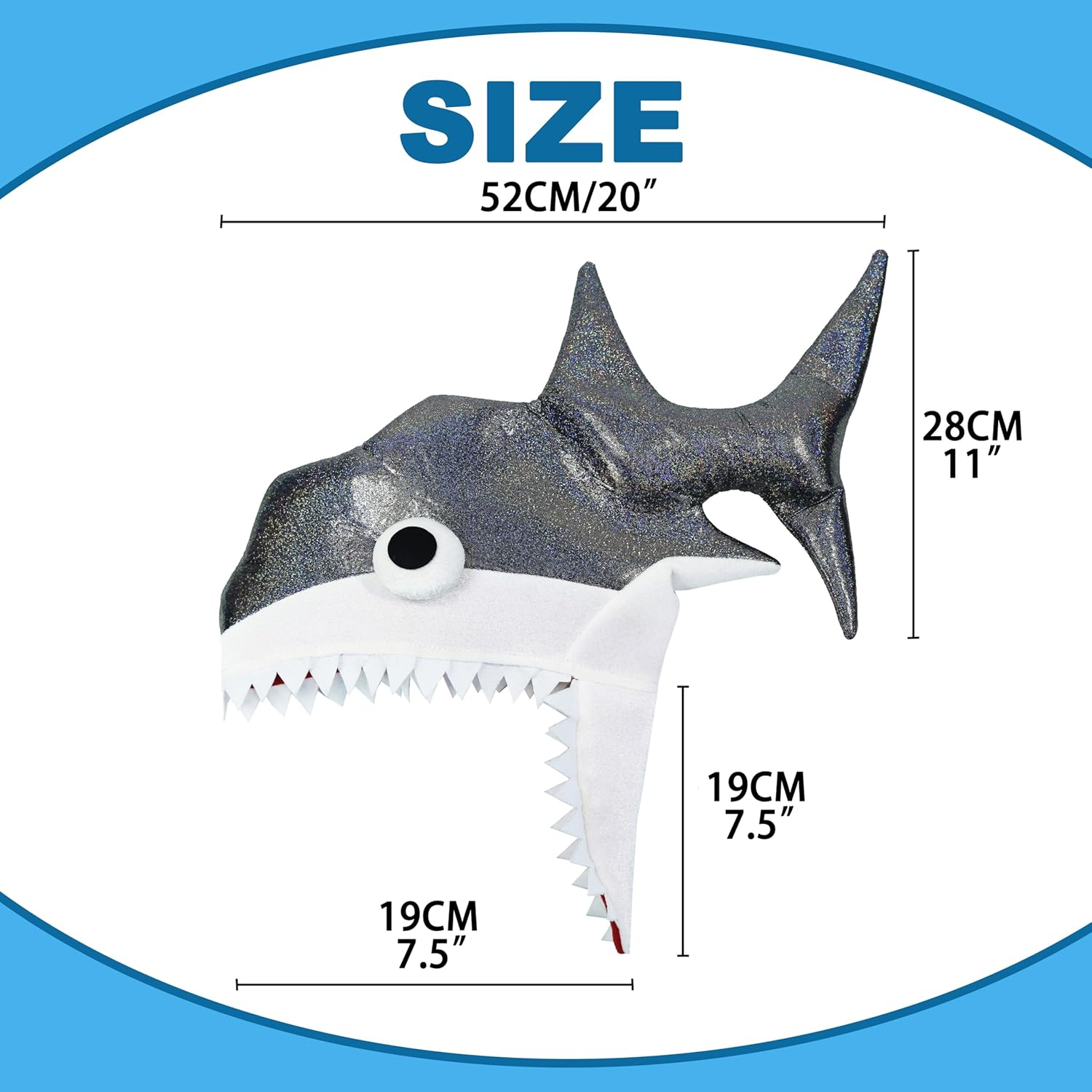 Shark Hat. Twinkling Silver Shark Costumeheadwear. Handmade Party Crazy Shark Hat with 3Dembroidered Eyes.One Size Fits Most image number 2