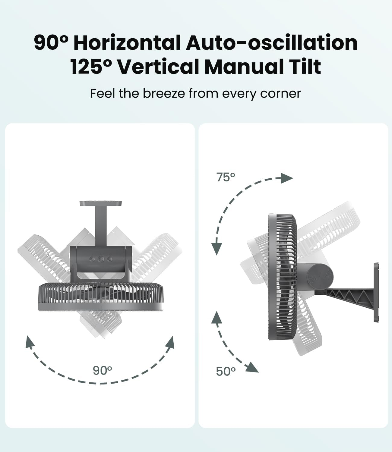 LEMOISTAR 12" Quiet 4-Speed Wall Mounted Fan with Remote Control, 90&deg;Oscillating Timer and Adjustable Tilt, 98" Cord, Ideal for Home, Bedroom, Gym, Garage, RV, Office-Grey image number 4