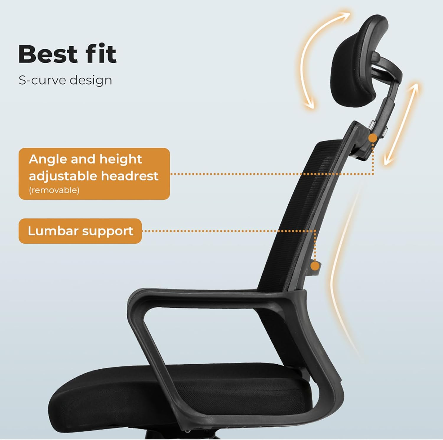 LEVEDE Ergonomic Office Mesh Chair, 44-52Cm Height Adjustable Computer Chair, Swivel Tiltable Desk Chair with Removable Headrest for Studying, Working, Writing, Gaming (Black) image number 3