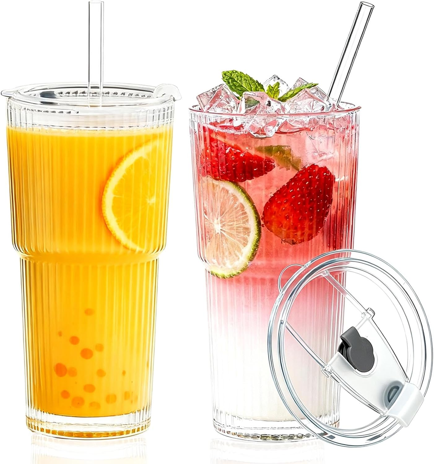 Anowker 20Oz Iced Coffee Glass Cup, Ribbed Glass Tumblers with Lids and Straws, Latte and Smoothie Glasses (4) image number 6