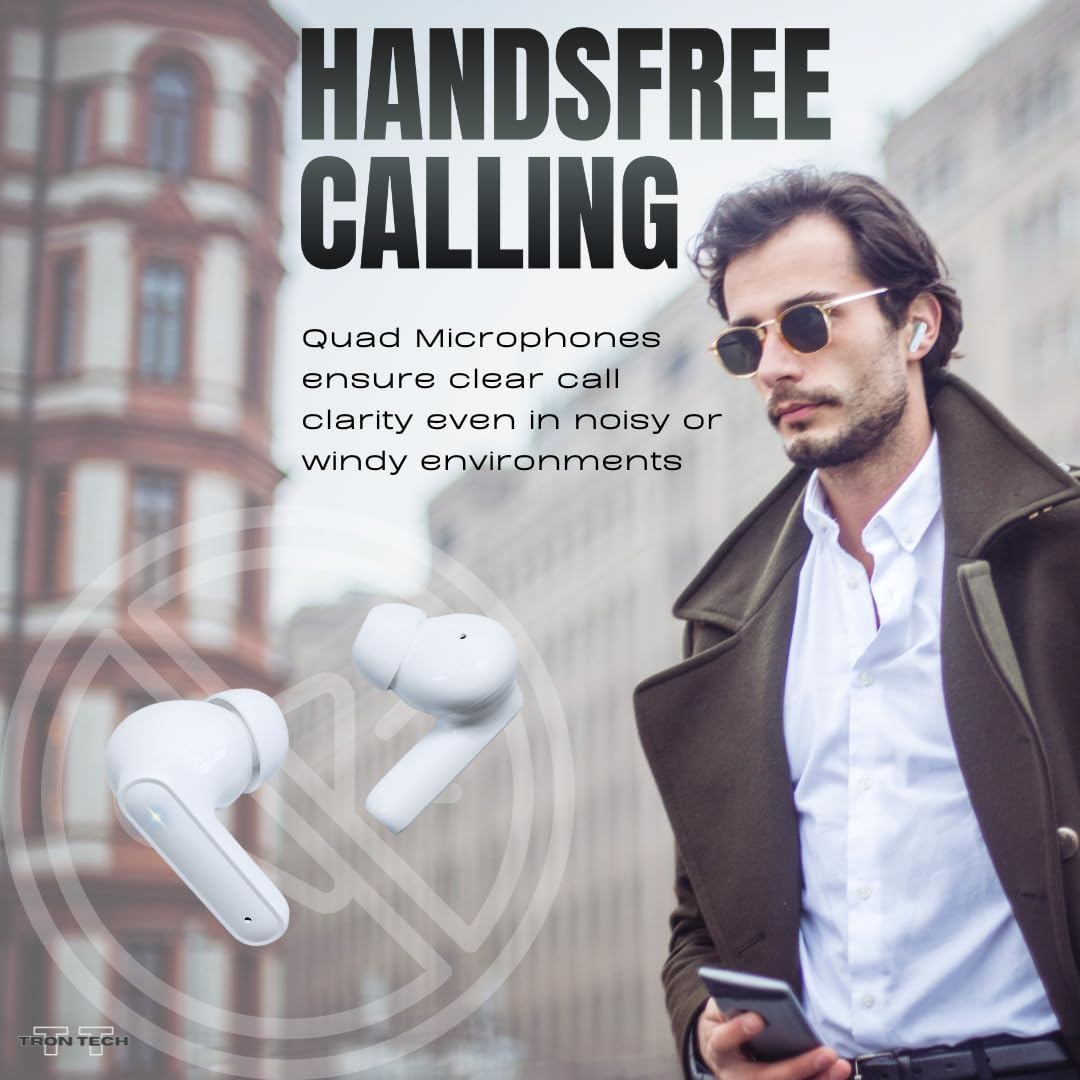 TRON TECH TWS Pro Wireless Earbuds with Active Noise Cancelling, Bluetooth 5.3, Lightweight, Wireless Charging Case, Built-In Microphone, Premium Sound for Ios Android, Pure White image number 2