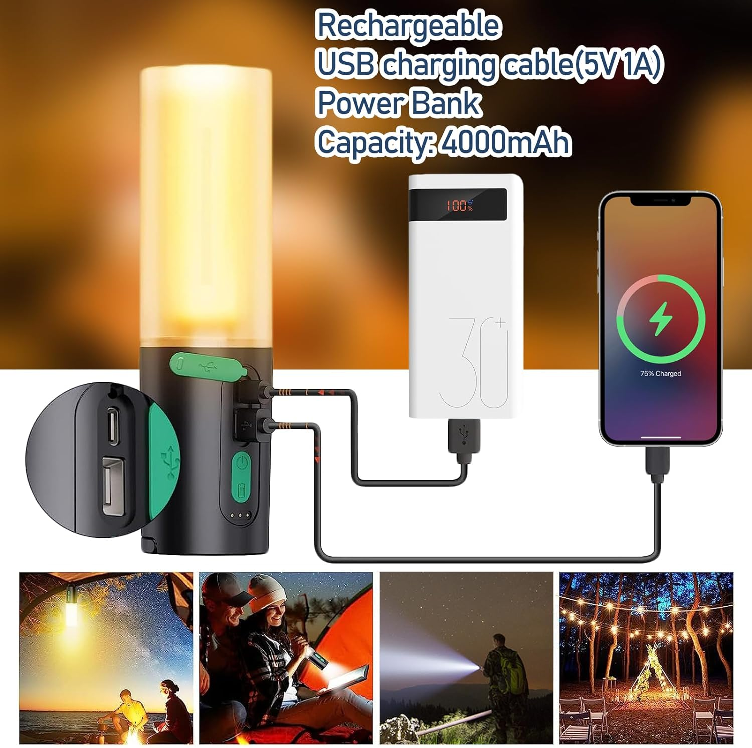 Uandhome Camping String Lights, 10M String Light with Camping Lanterns，Portable Rechargeable Flashlights with 4000Mah, Waterproof Camping Lights for Emergency,Camping,Hiking image number 5