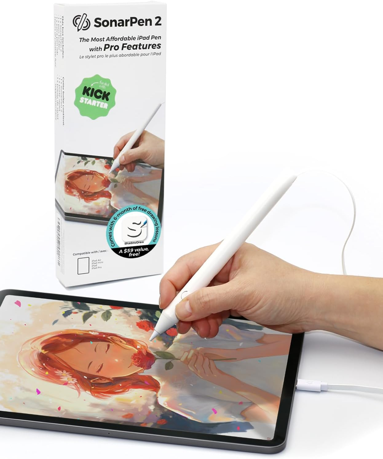 Sonarpen 2 - Pressure Sensitive Stylus Pen for Ipad with Palm Rejecction, Shortcut Button and Tilt Detection. Compatible with All Ipad/Pro/Air/Mini Released after 2017 (USB White) image number 1