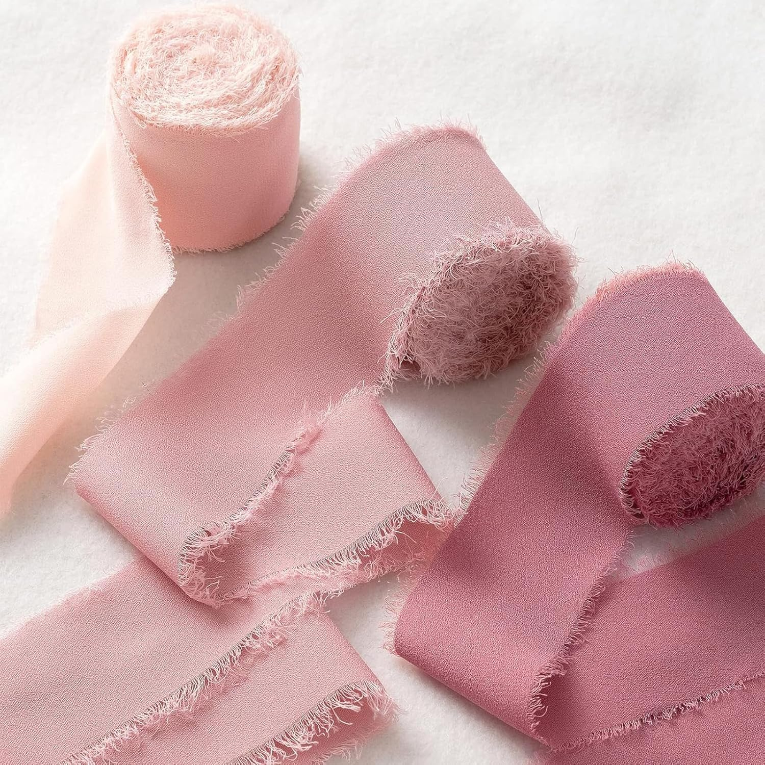 JOWILIN Chiffon Silk Ribbon Fringe, 3 Rolls 1.5" &times; 5.5Yd Handmade Ribbon, Frayed Edges Ribbon for Wedding Invitations Gifts Wrapping DIY Crafts, Bridal Bouquets Party Decorations (Pink)