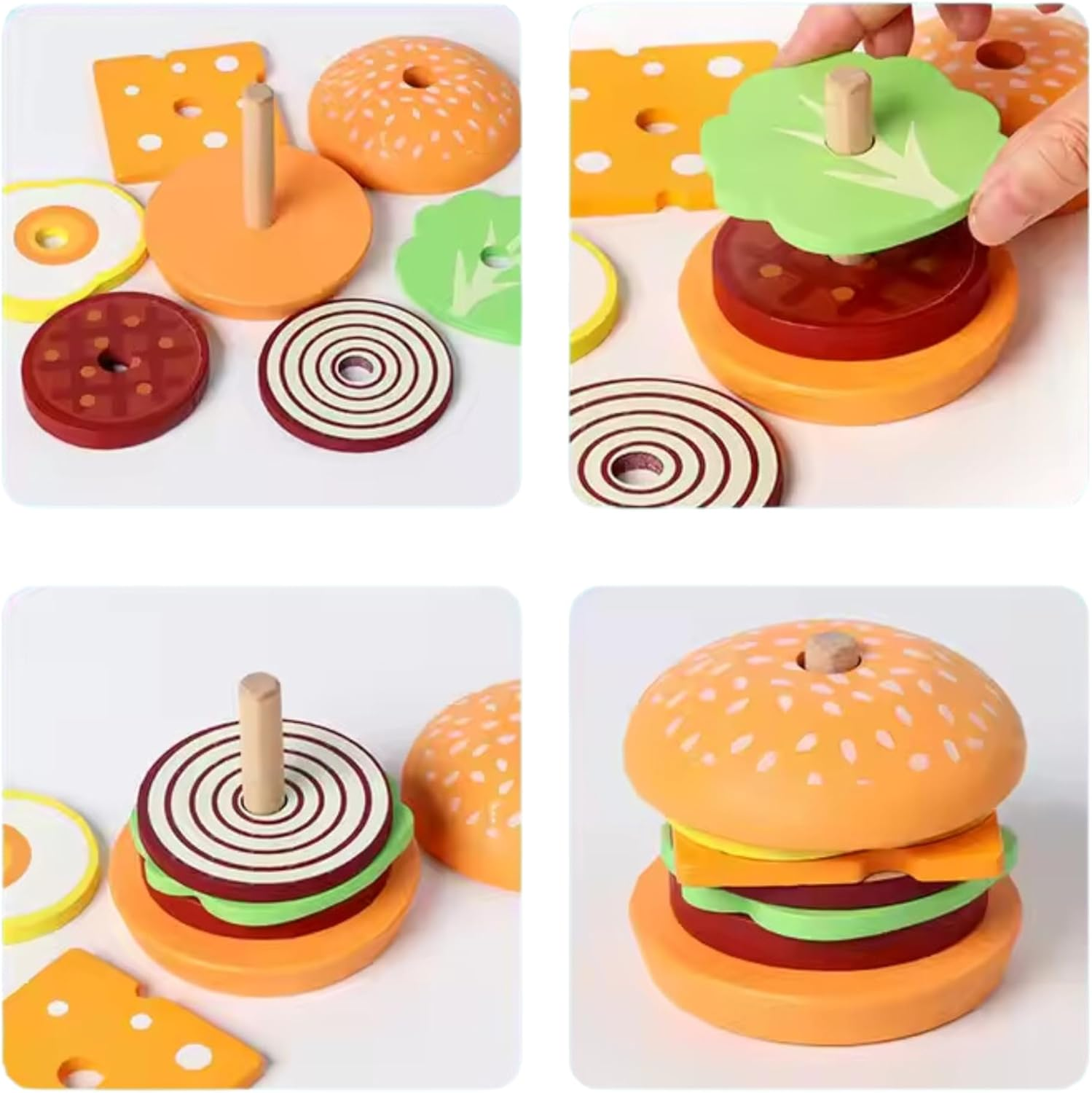 Wooden Stacking Burger Montessori Toy for 3+ Years, Fine Motor Skills, Pretend Play Food Hamburger Puzzle Pattern Games, Educational Activities Teaching Tool for Preschool