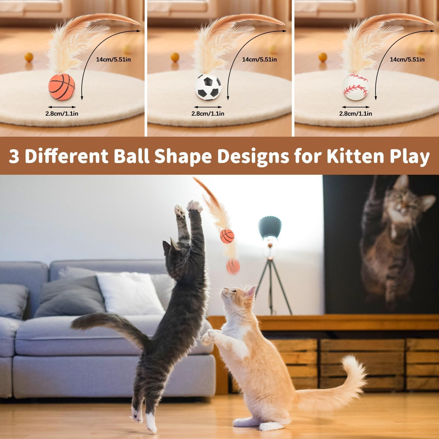 DAMIGHT 3Pcs Cat Bouncy Ball with Feather, Cat Toys Ball Feather Toy for Indoor Cats, Mini Basketball Soccer Toys for Exercise, Bouncy Balls Toys Pet Toys for Cats, Kitten (A) image number 5