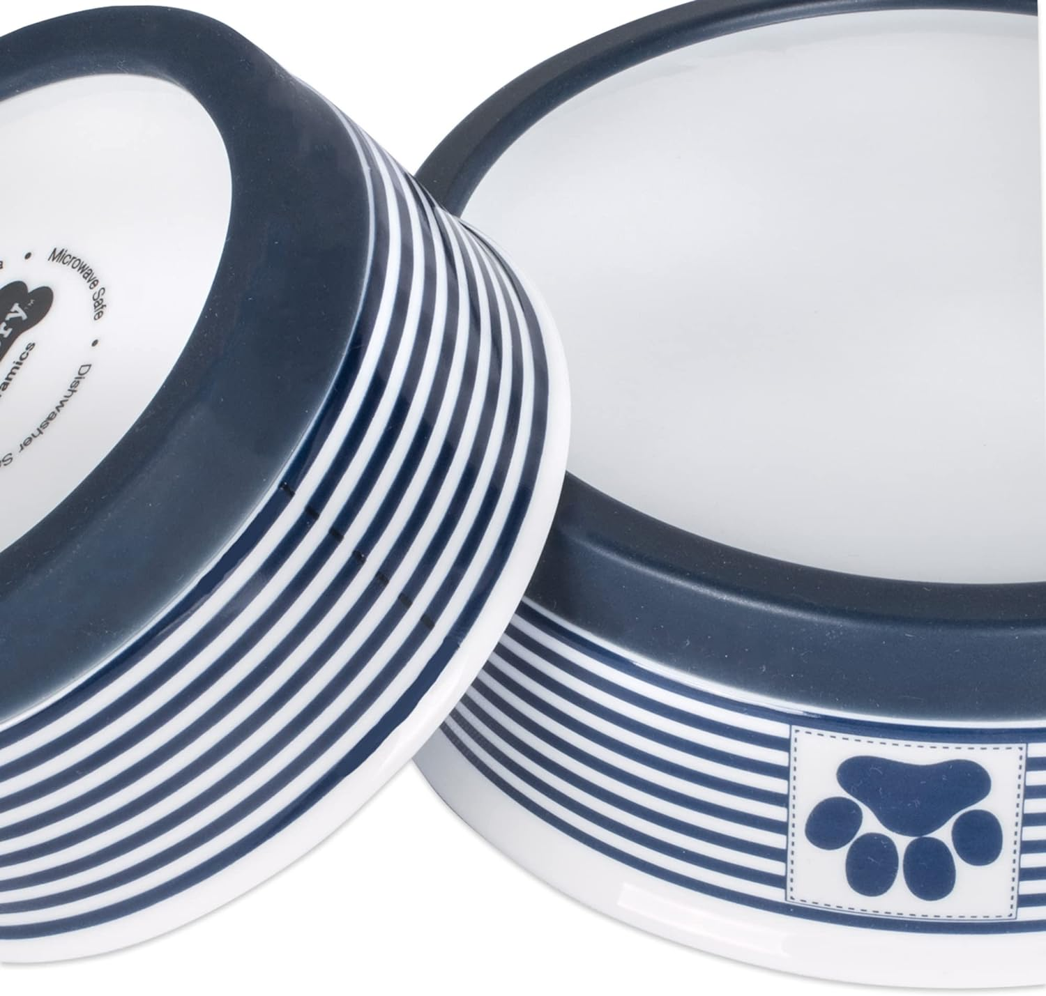 Bone Dry DII Paw Patch & Stripes Ceramic Pet Bowl for Food & Water with Non-Skid Silicone Rim for Dogs and Cats (Medium - 6" Dia X 2" H) Nautical Blue - Set of 2 image number 6