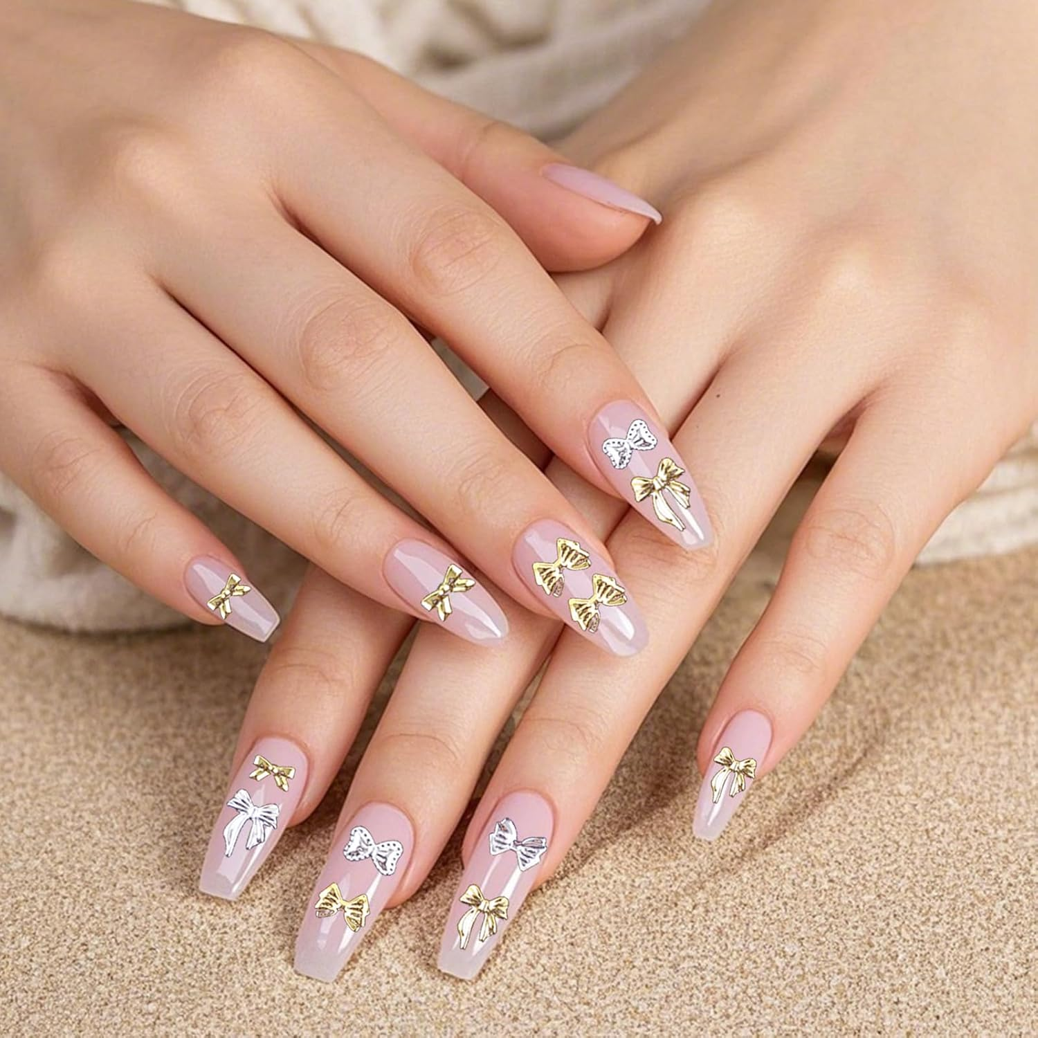 2 Pieces Metal Bow Nail Charms Gold Silver Star Bows Nail Charms Rhinestones Metal Nail Art Decoration Tweezers with Curved Tip for Nail Design Accessories image number 4