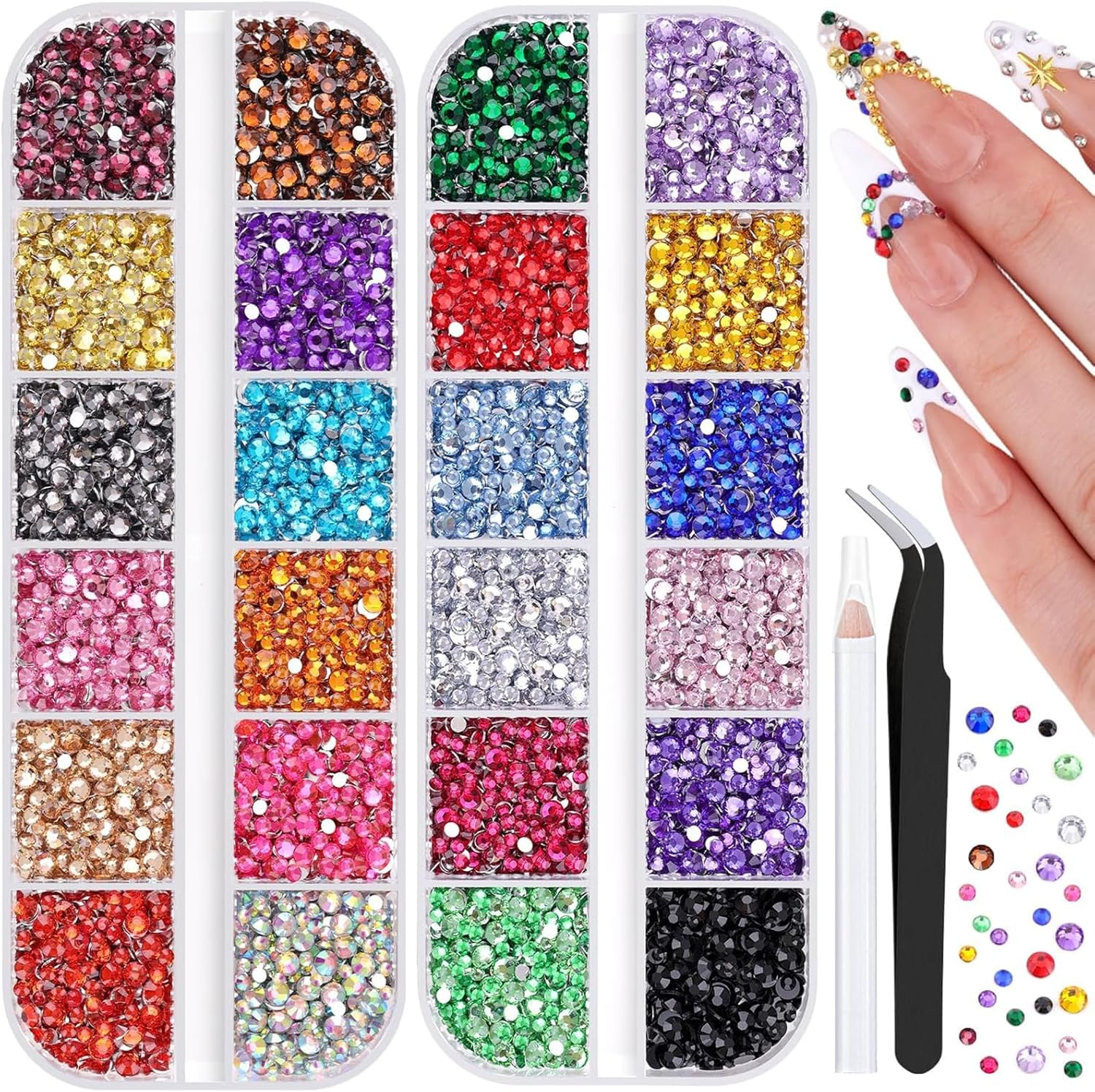 Rhinestones,10000Pcs Nail Gems for Nail Art,2 Boxes Nail Charms with Picking Pen & Tweezers,12 Grid Flat Back Crystals for Nail Art, Face Gems,Phone Case,Diy Clothes,Shoes,Bags image number 6