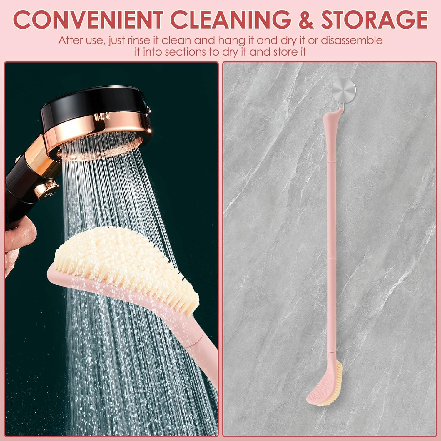 Awobepl Foot Brush with Adjustable Long Handle Enduring Foot Scrubber Easy to Clean Leg Scrub Brush for Senior Pregnant Disabled (Pink)