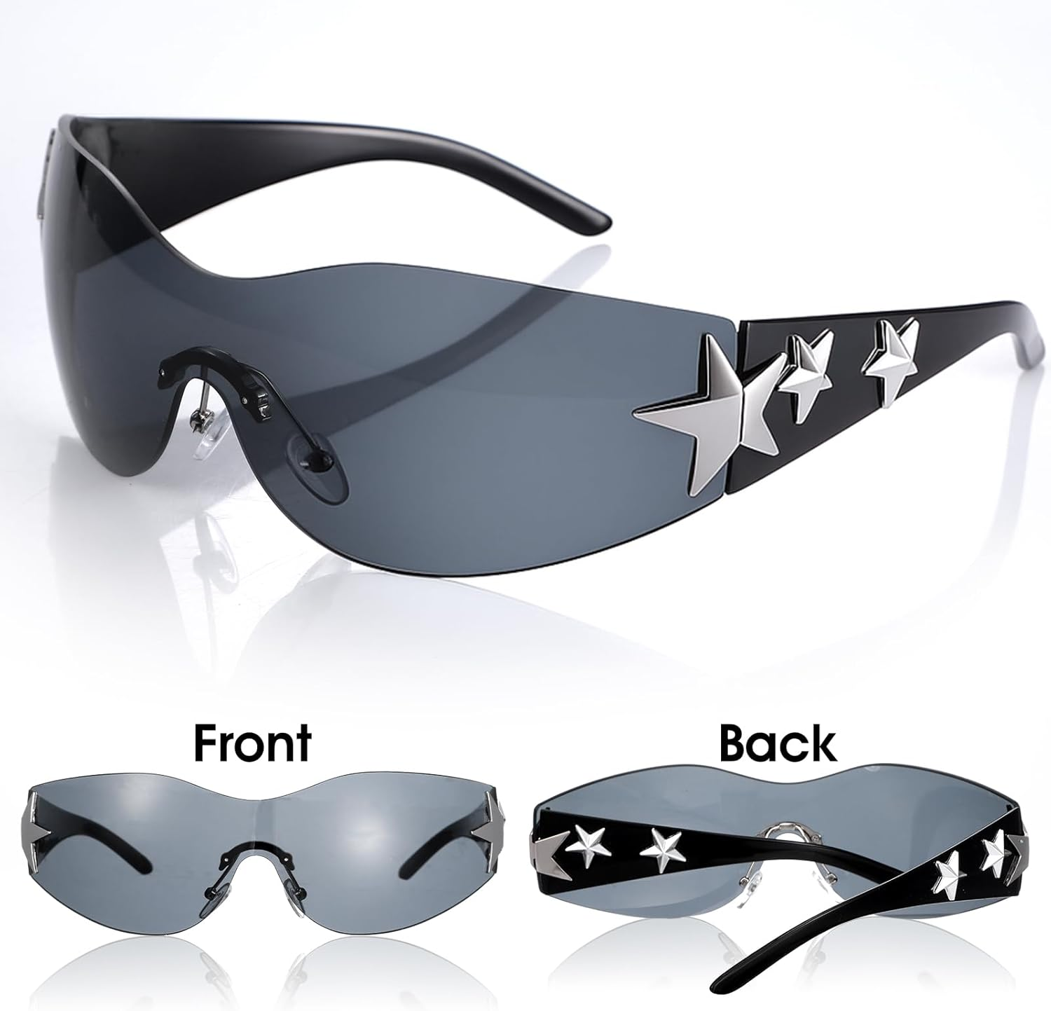 Heclia Y2K Sunglasses for Women Men Trendy Shield Wrap around Sun Glasses Large Rimless Star Sunglasses - Black image number 6