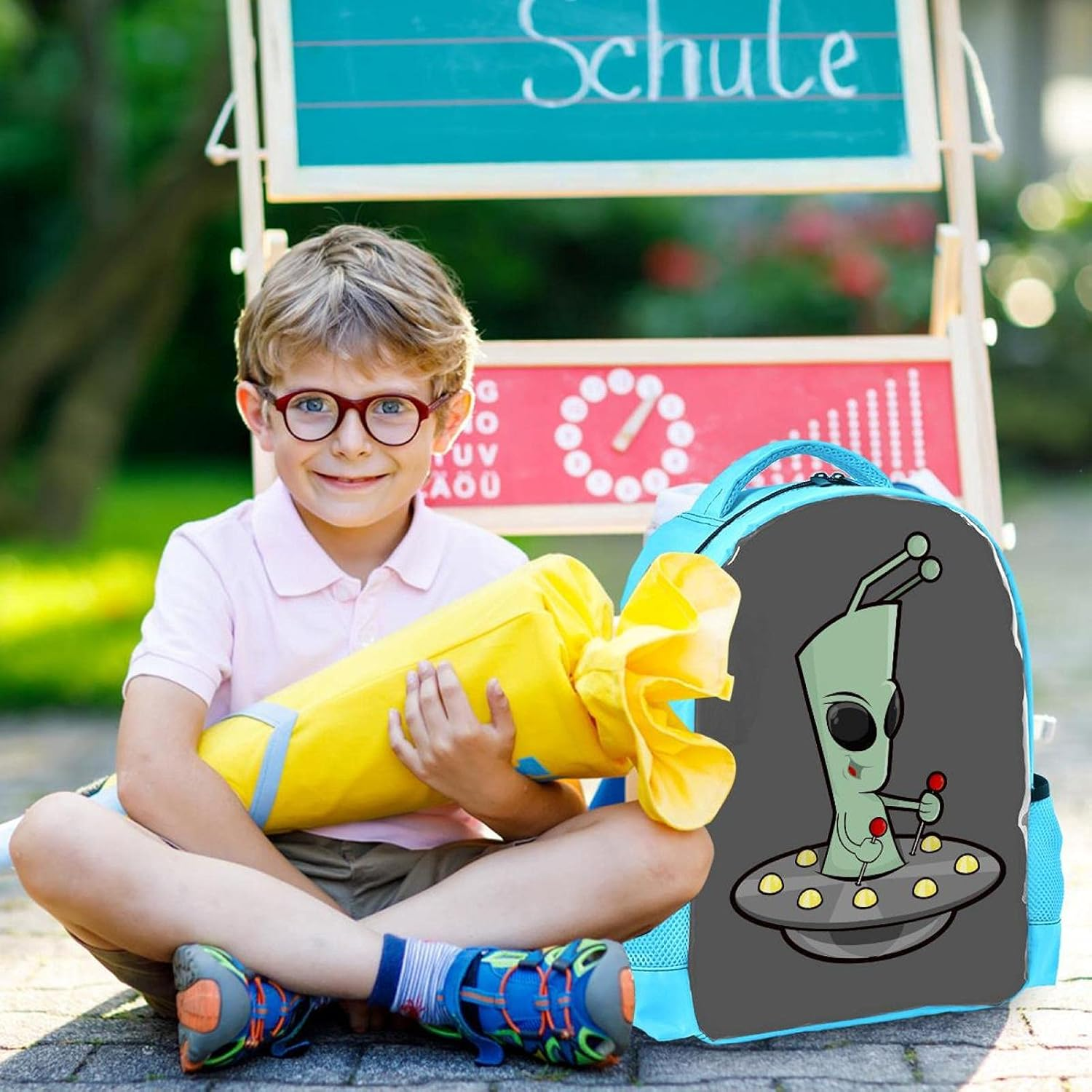 Blue Backpack Boy Bookbags Rucksack Men Travel Handbag Daypack Retro Funny Cartoon Alien image number 5