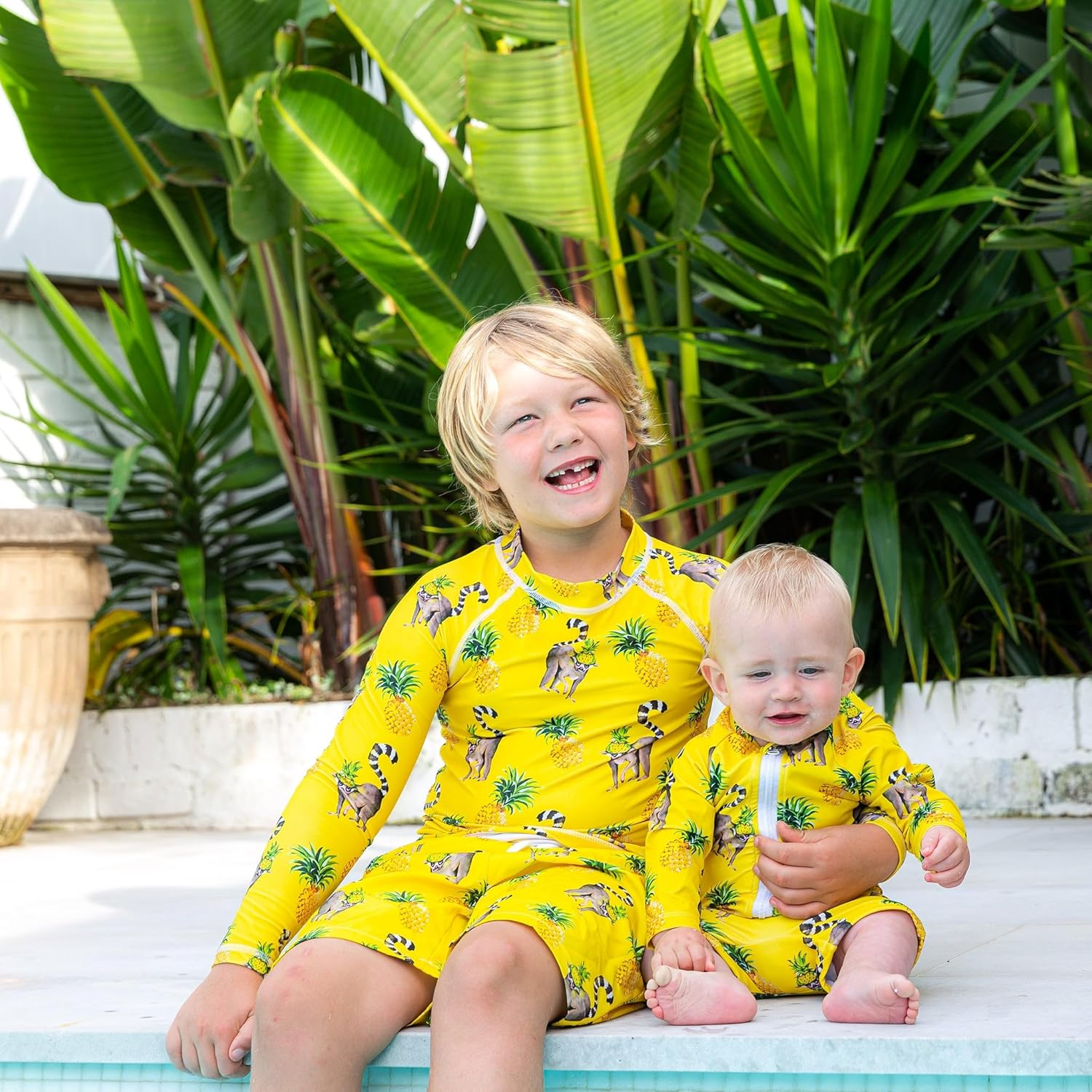 Cheeky Chickadee Pineapple Lemurs Unisex Long Sleeve Zip Swimmers |3-6M Yellow image number 2