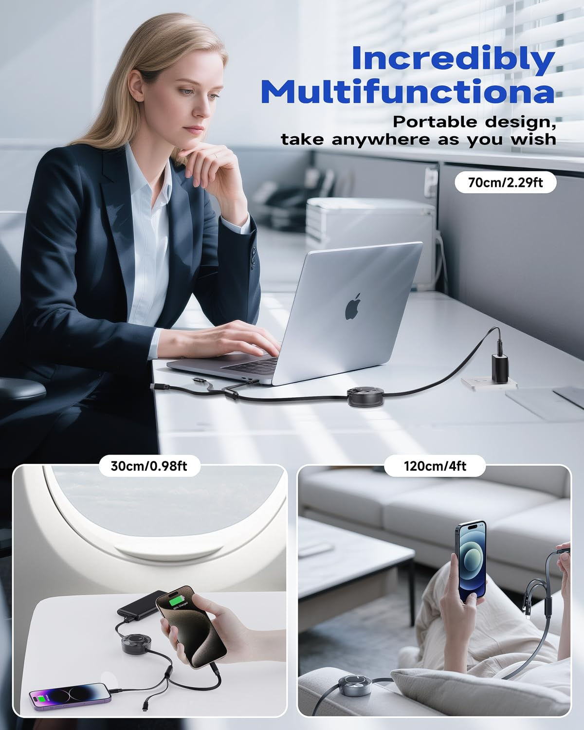 100W Multi Charging Cable, 5 in 1 Retractable Charger Cable USB C 5A Iphone 17 Fast Charger Cord for Multiple Devices for Iphone 17 16 15 14 /Samsung Galaxy S25/Ps/Mbook/Pad (1.2M) Travel Essentials