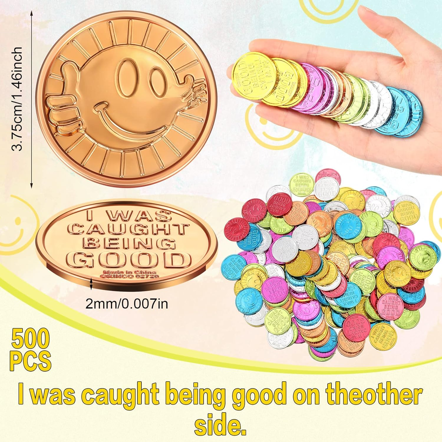 Jerify 500 Pcs Behavior Tokens for Kids Plastic Coins I Was Caught Being Good Incentive Fake Kindness Coins Colored Behavior Coin Pretend Coin for Kids Reward Party Play Counting (Smile Face)