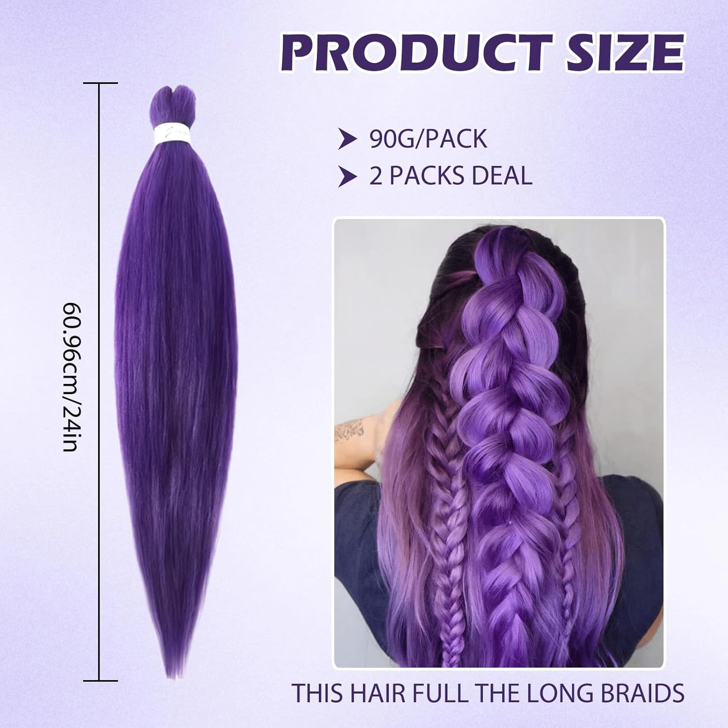 2Pcs Purple Hair Extensions, 26-Inch Pre-Stretched Purple Braids, Role-Play Wigs and Halloween Costume Accessories, Suitable for Children and Adultsirls (A) image number 1