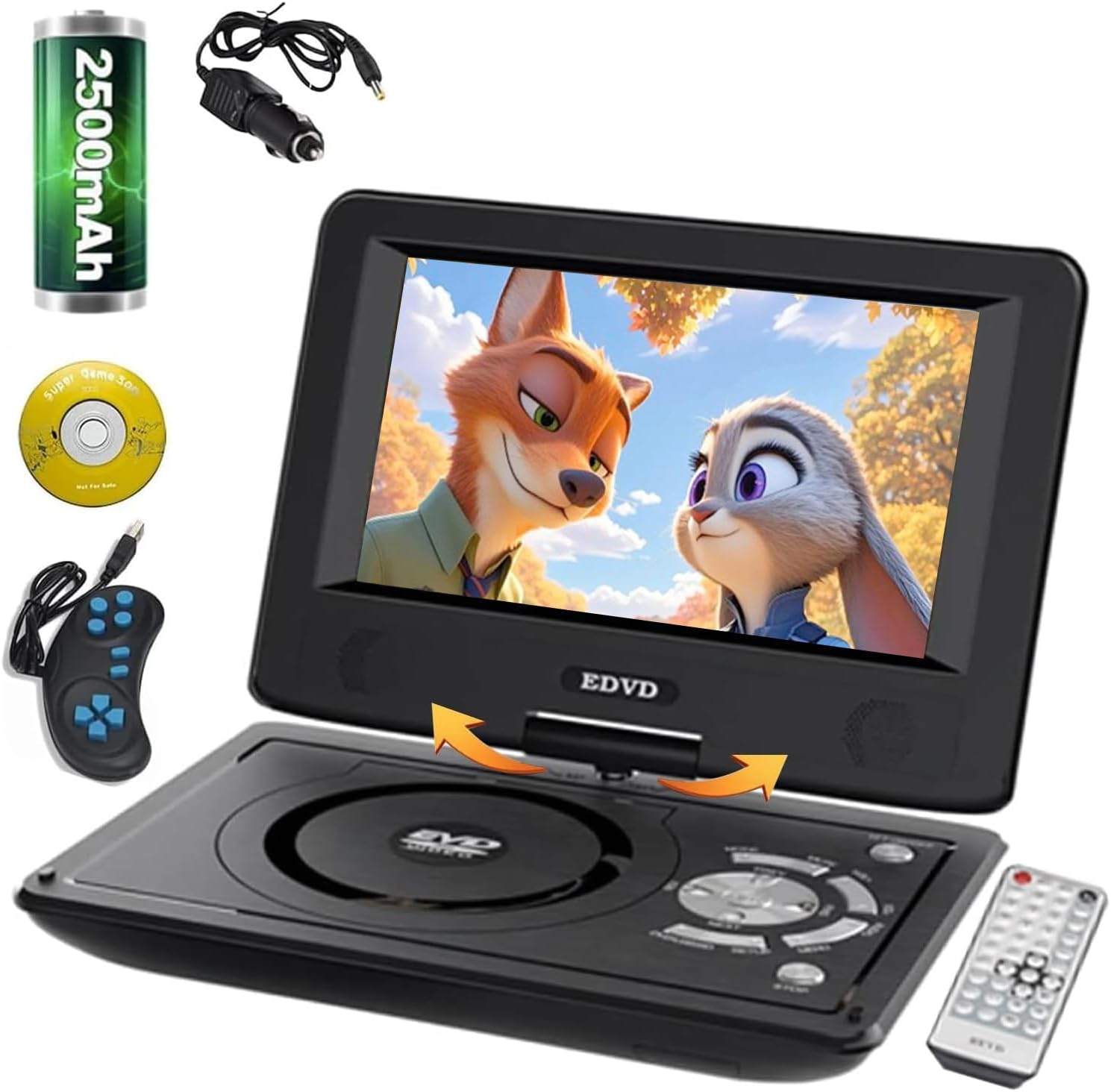 MINYII Portable DVD Player for Car with 11.5" Swivel HD Screen 2500 Mah Rechargeable Outdoor CD Player Support Sync Screen to TV, Support SD Card/Usb/Multiple Disc Formats (Black)