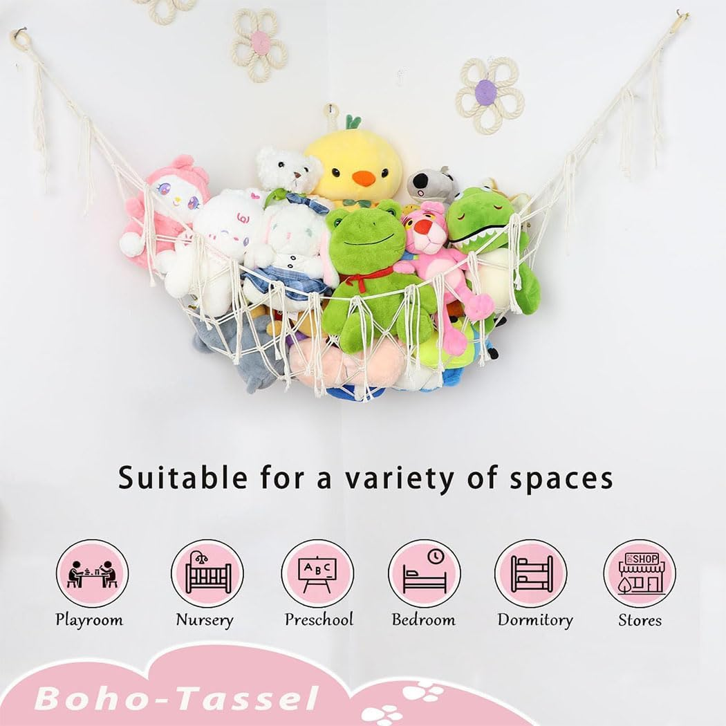 Idopick 2 Pack Stuffed Animal Hammock Net,Toy Storage Hammock for Stuff Animals, Stuffed Animal Organizer Holder with Tassel-Corner Hanging Net for for Nursery Kids Girls Room Decor image number 2