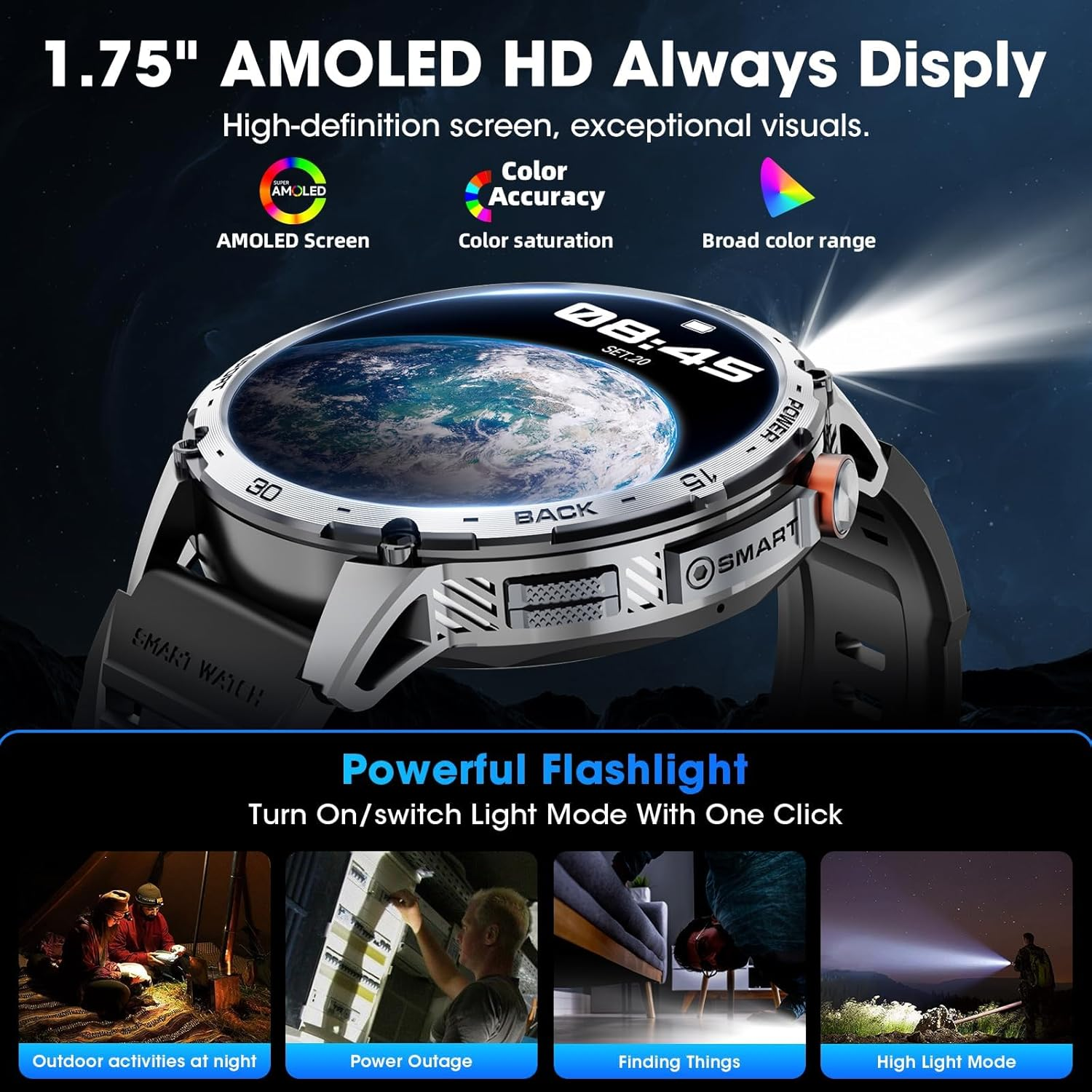 Military Smart Watch for Men 1.75" HD AMOLED Display 730Mah Battery Smart Watches with LED Flashlight for Android Ios（Bluetooth Call Answer/Dial Calls） Fitness Tracker - Black image number 4
