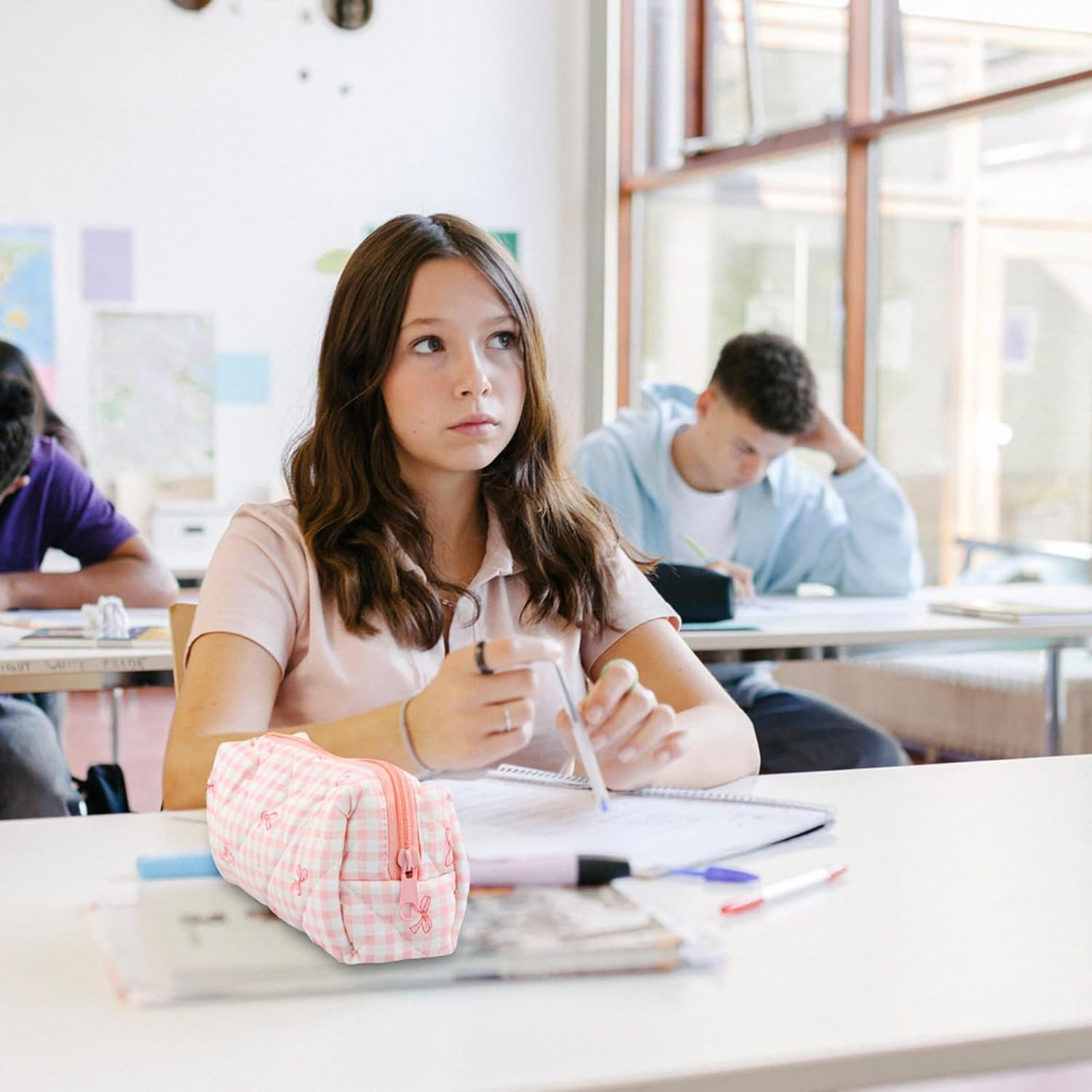 Cute Pencil Case, Pink Bow Stationery Bag, Soft Quilted Pencil Pouch, Portable Pen Bag Wide Opening, Organizer with Zipper for Pens, Cosmetics or Travel Accessories (Blue) - Blue image number 3