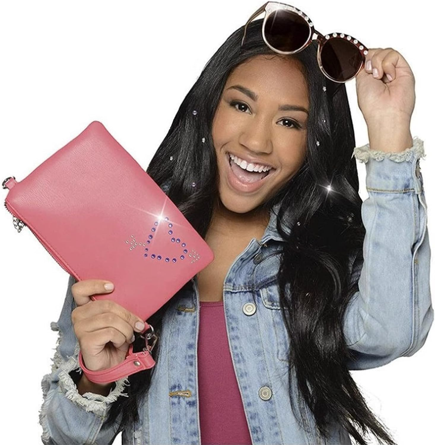 Hair Kit with Rhinestones, Hair Bling Gems for Girls, Bling Bling Hair Gem Stamper with 180 Gems,Diamonds Stapler Tool for Hair（Pink）