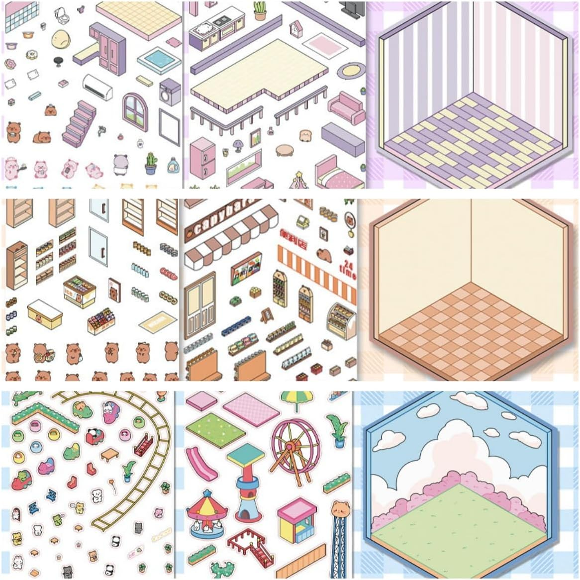 Tuvwxyza DIY 3D Miniaturized Stickers Scene Cabin Landscaping Handcrafted Cute Collage, 3D Cartoon House Stickers, 8 Sets image number 3