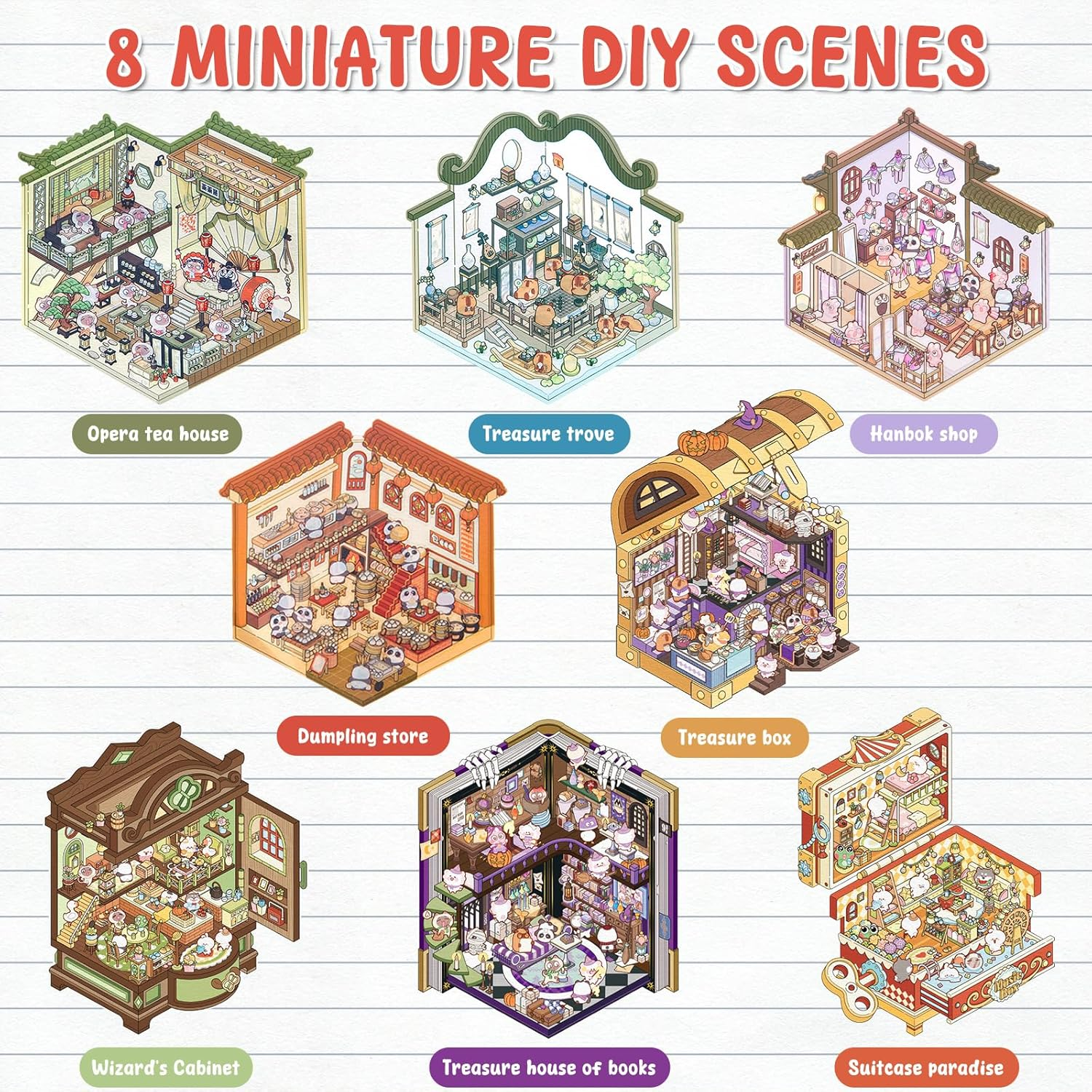 8 Set DIY 3D House Scene Stickers, 2025 New Fun DIY 3D Sticker Scene Make Your Own Mini Room, Cute Cartoon Miniature Scene Sticker Set, 3D House Stickers Quiet Book for Adults Kids Gift